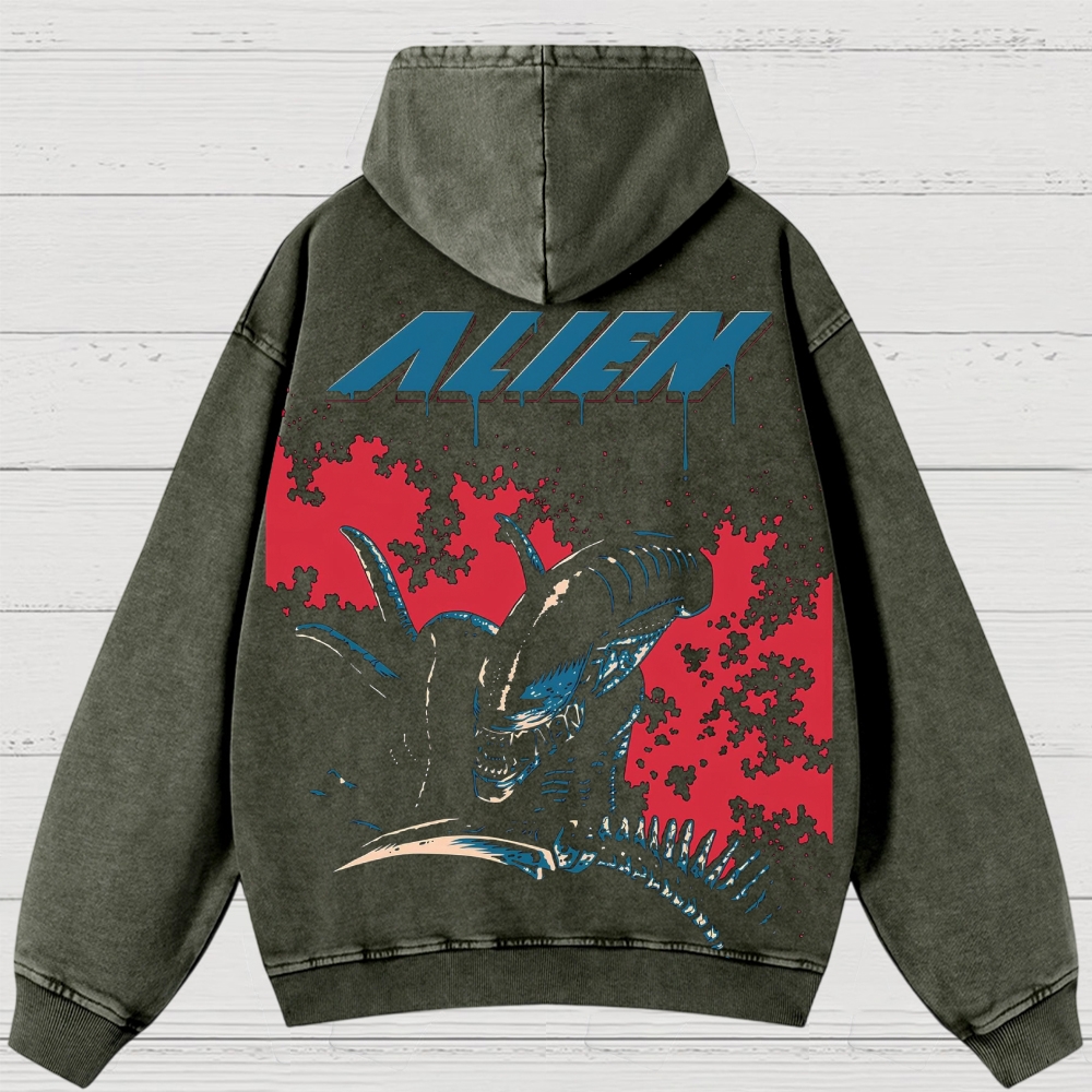 Sci-Fi Horror Creature Graphic Retro Washed Hoodies
