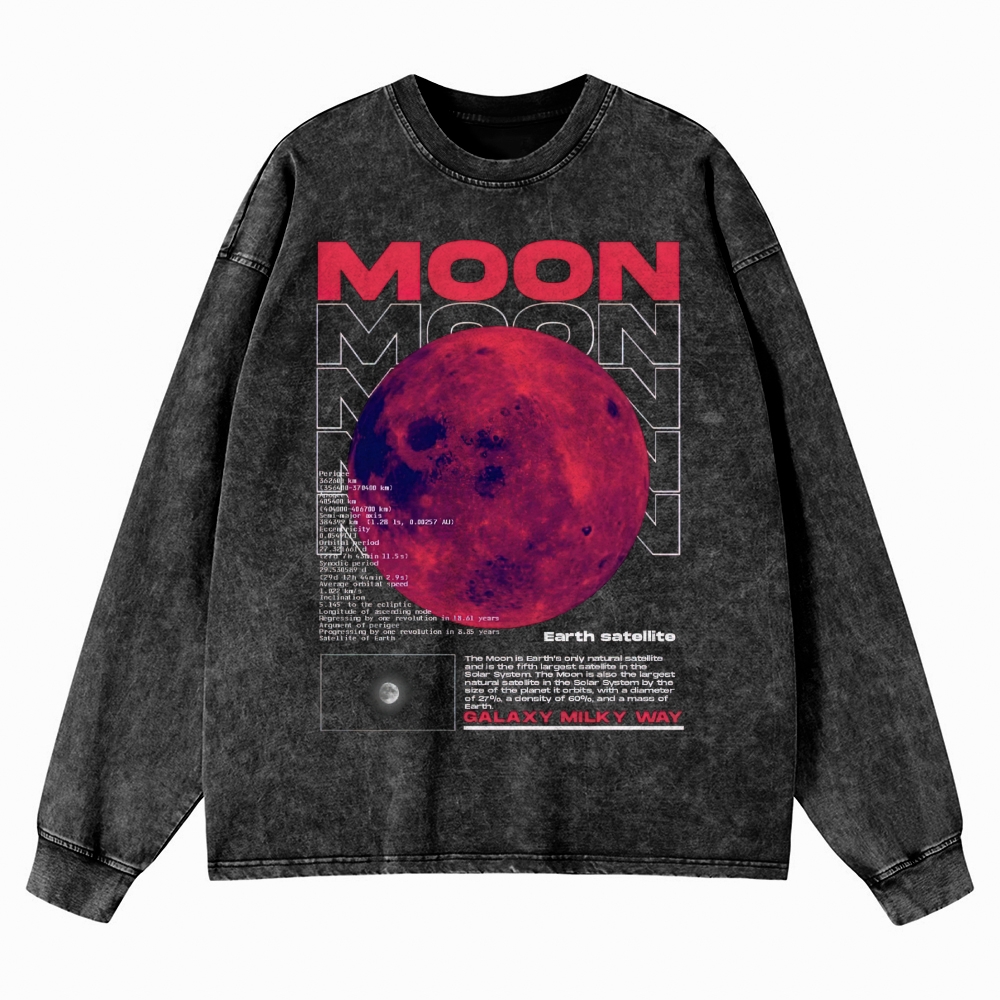 Retro Sci-Fi Moon Infographic Washed Long-Sleeved T-Shirt 