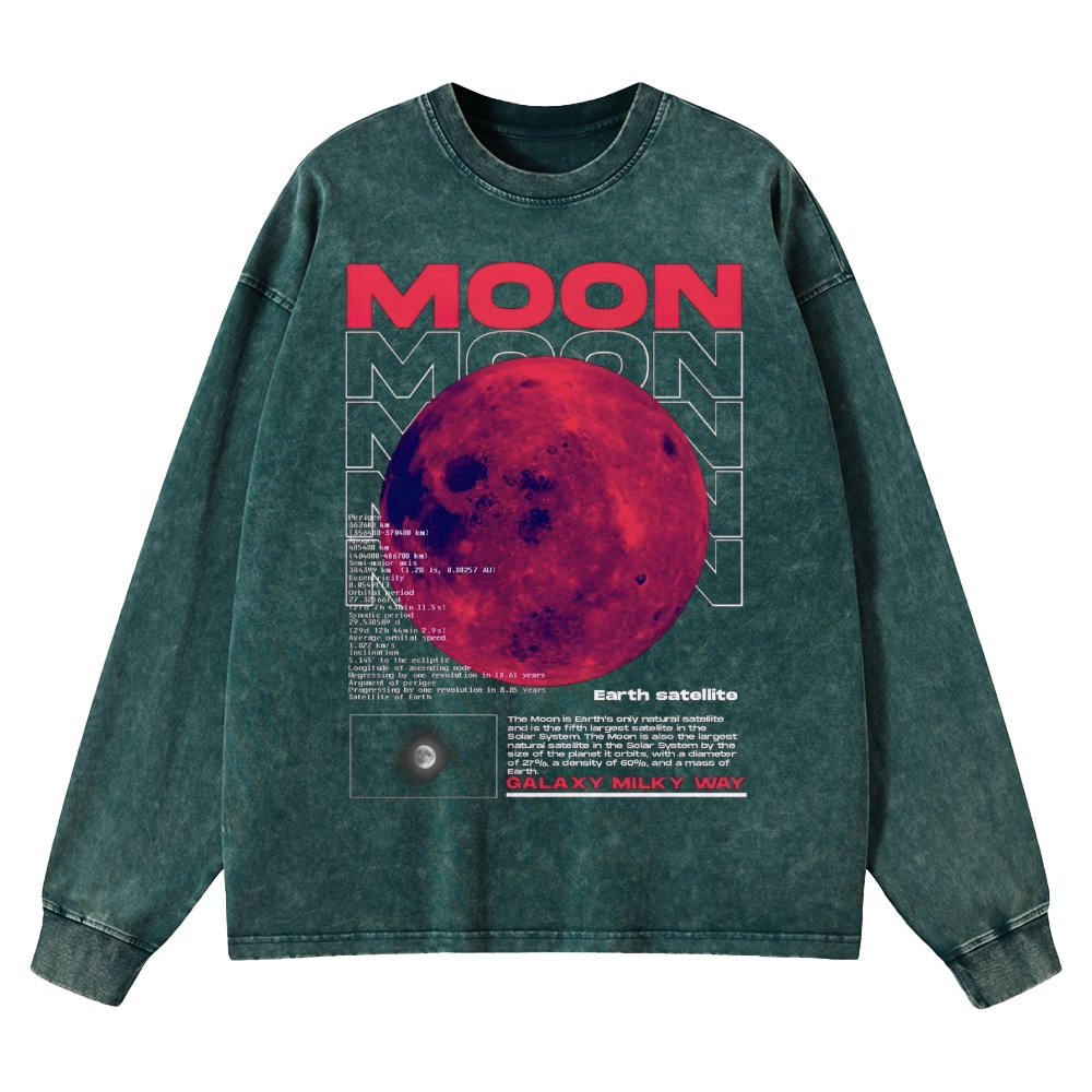 Retro Sci-Fi Moon Infographic Washed Long-Sleeved T-Shirt 