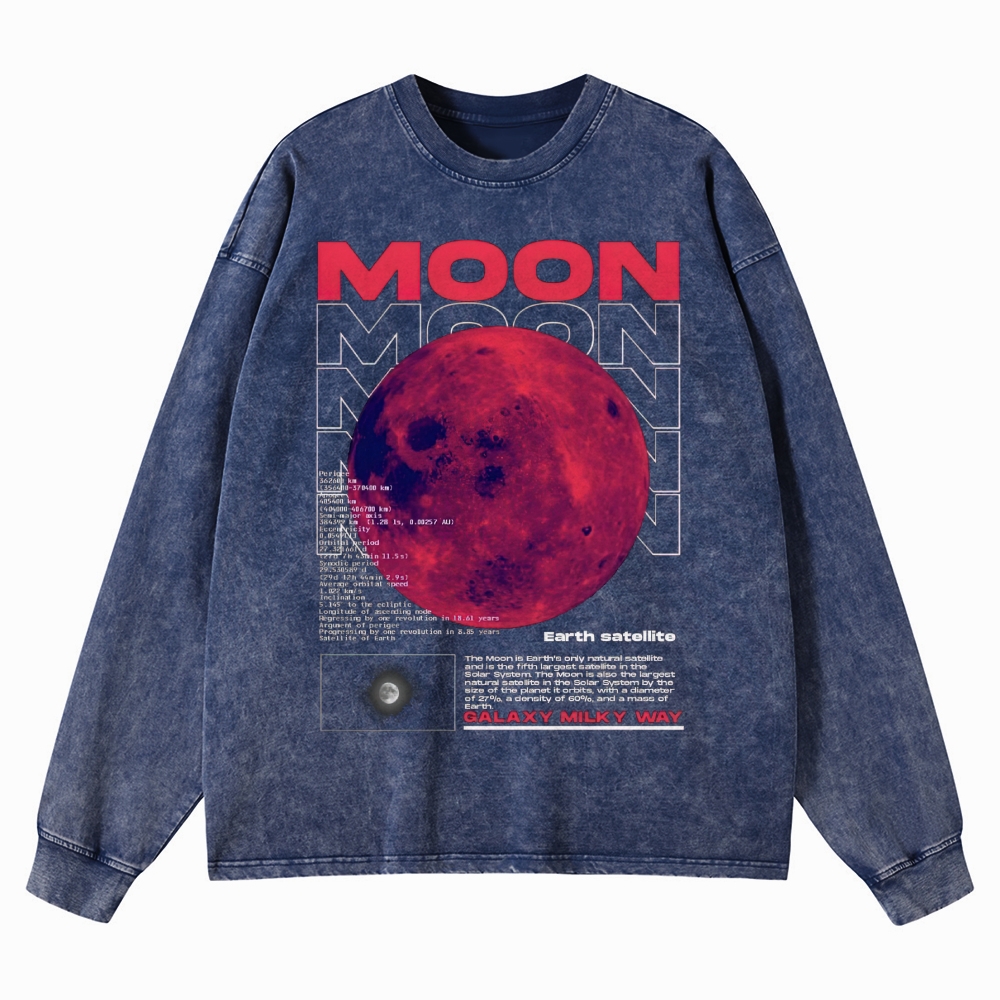 Retro Sci-Fi Moon Infographic Washed Long-Sleeved T-Shirt 