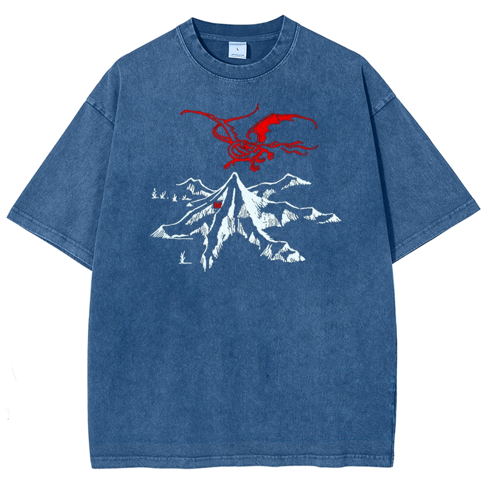 Fantasy Dragon & Mountain Graphic Retro Washed T-Shirt