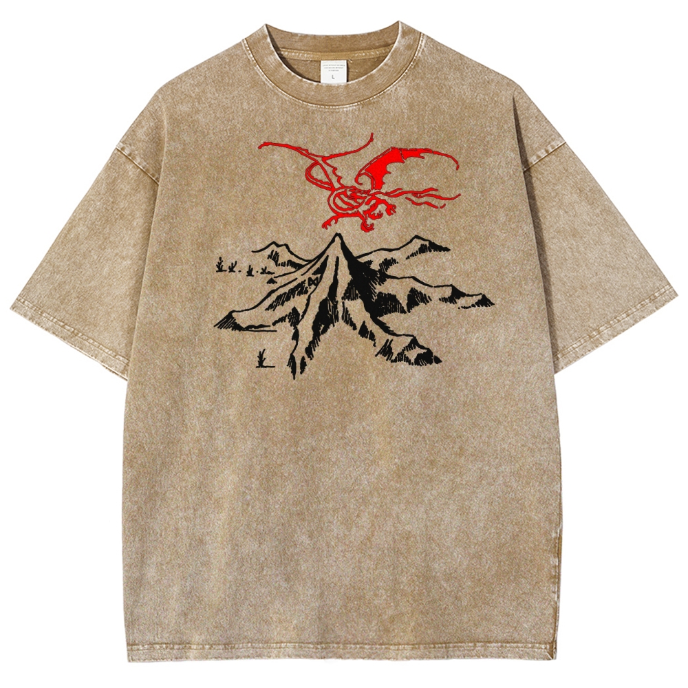 Fantasy Dragon & Mountain Graphic Retro Washed T-Shirt