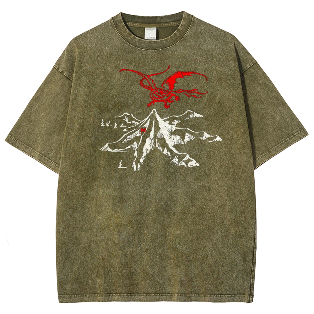 Fantasy Dragon & Mountain Graphic Retro Washed T-Shirt