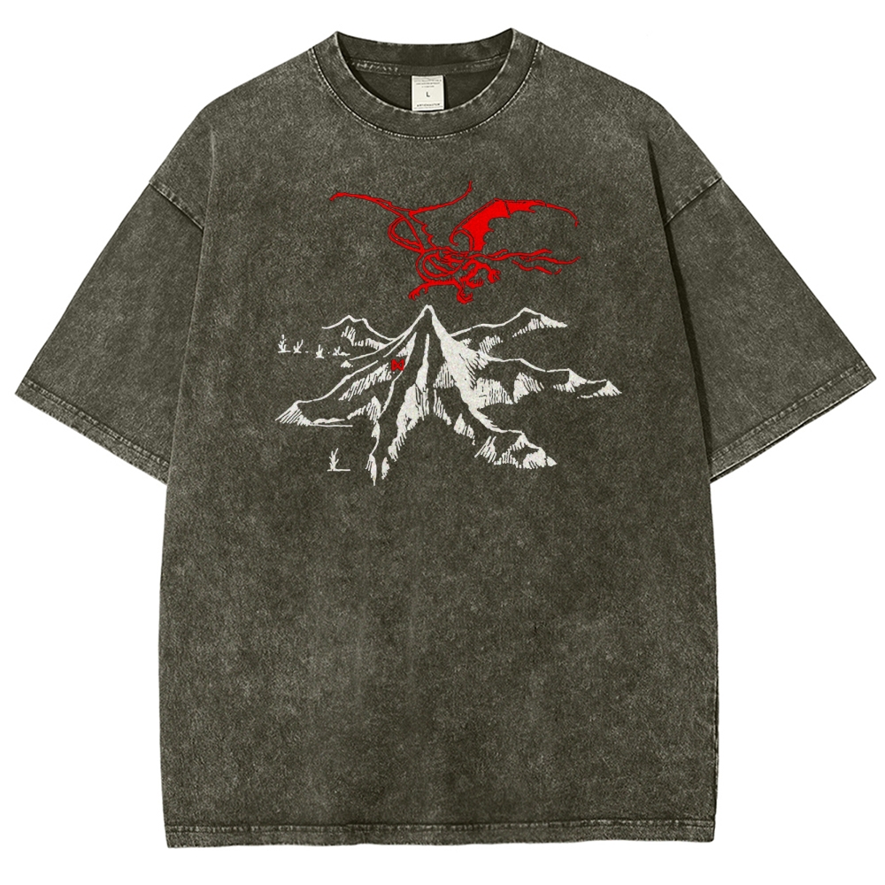 Fantasy Dragon & Mountain Graphic Retro Washed T-Shirt