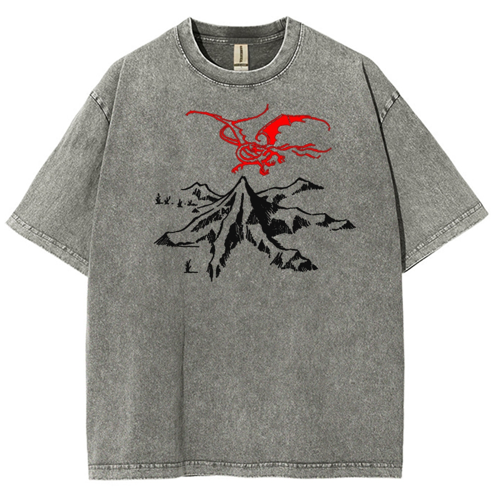 Fantasy Dragon & Mountain Graphic Retro Washed T-Shirt