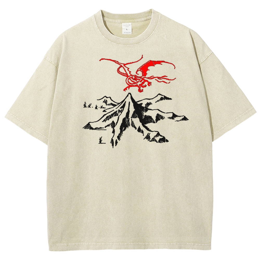 Fantasy Dragon & Mountain Graphic Retro Washed T-Shirt