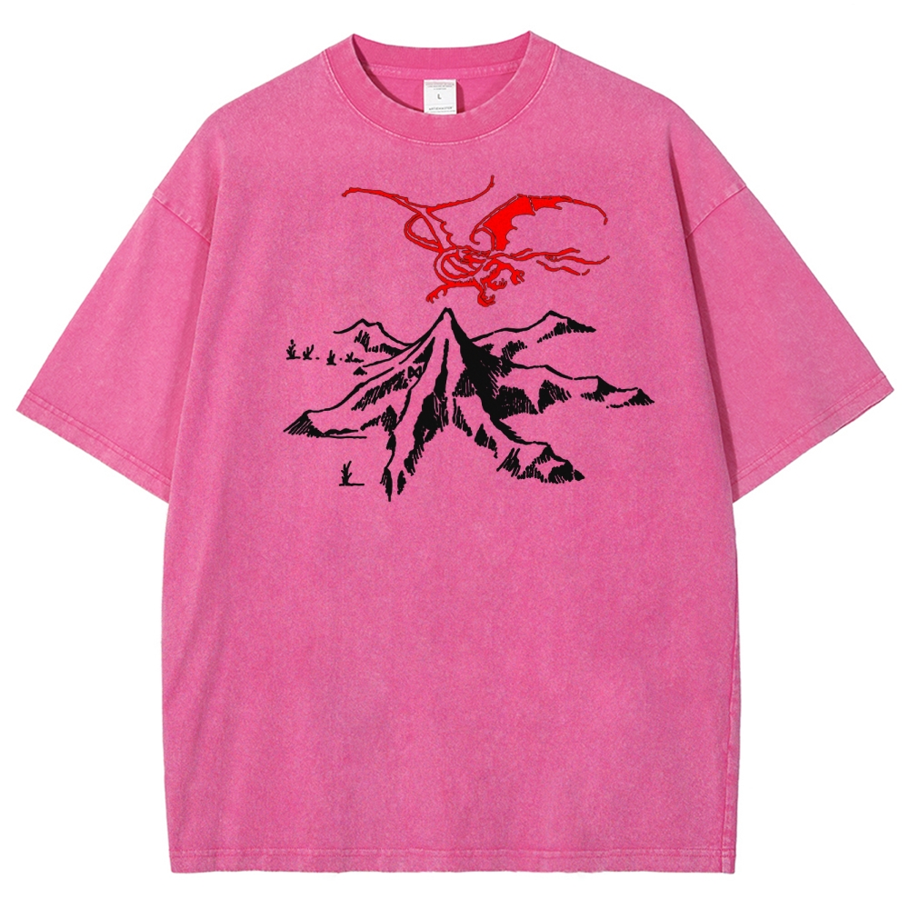 Fantasy Dragon & Mountain Graphic Retro Washed T-Shirt