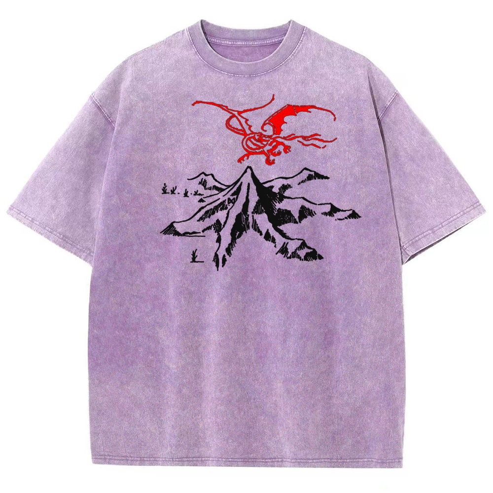 Fantasy Dragon & Mountain Graphic Retro Washed T-Shirt