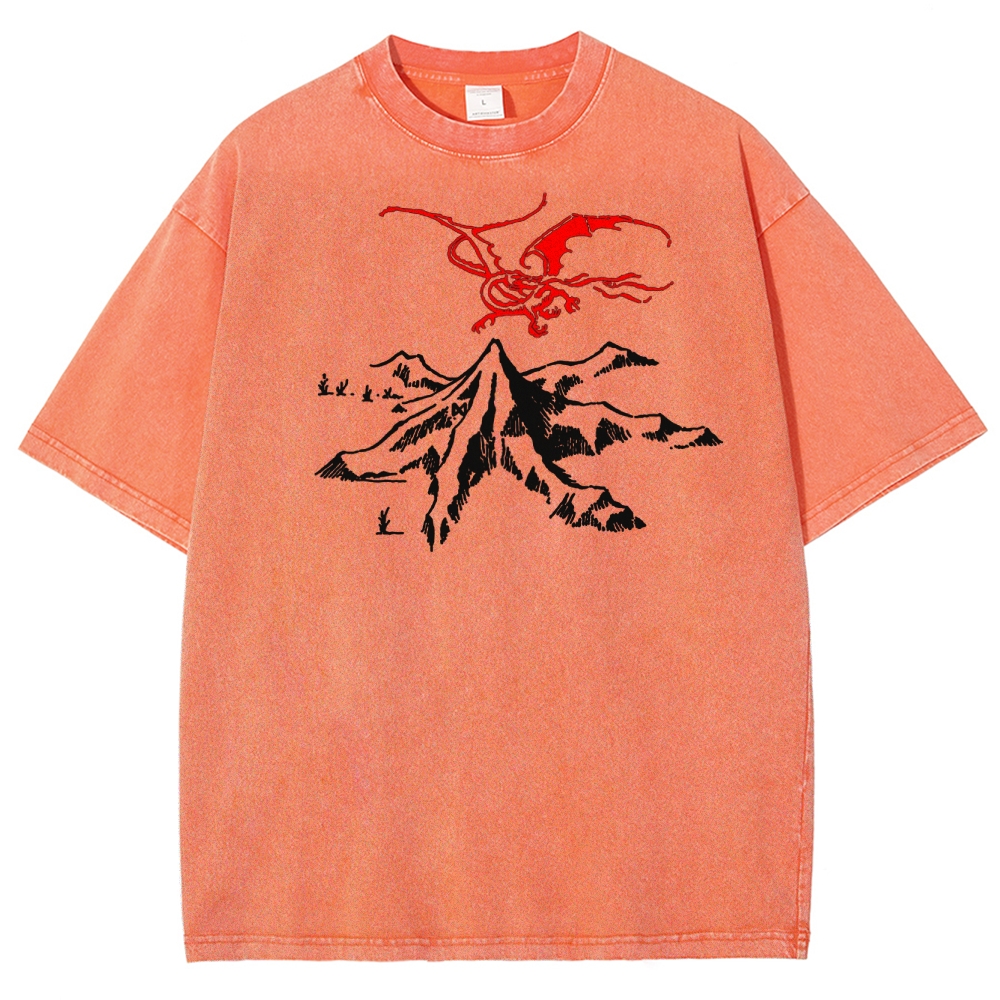 Fantasy Dragon & Mountain Graphic Retro Washed T-Shirt