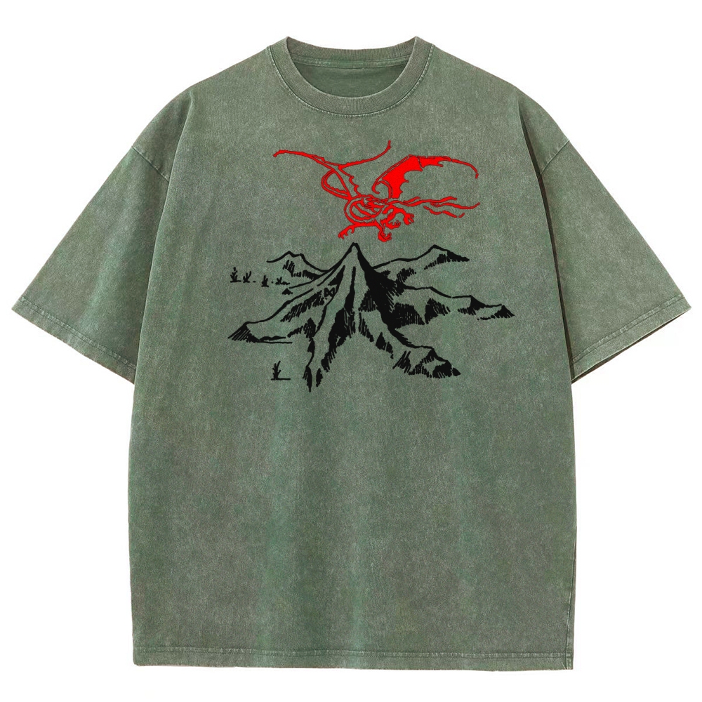 Fantasy Dragon & Mountain Graphic Retro Washed T-Shirt