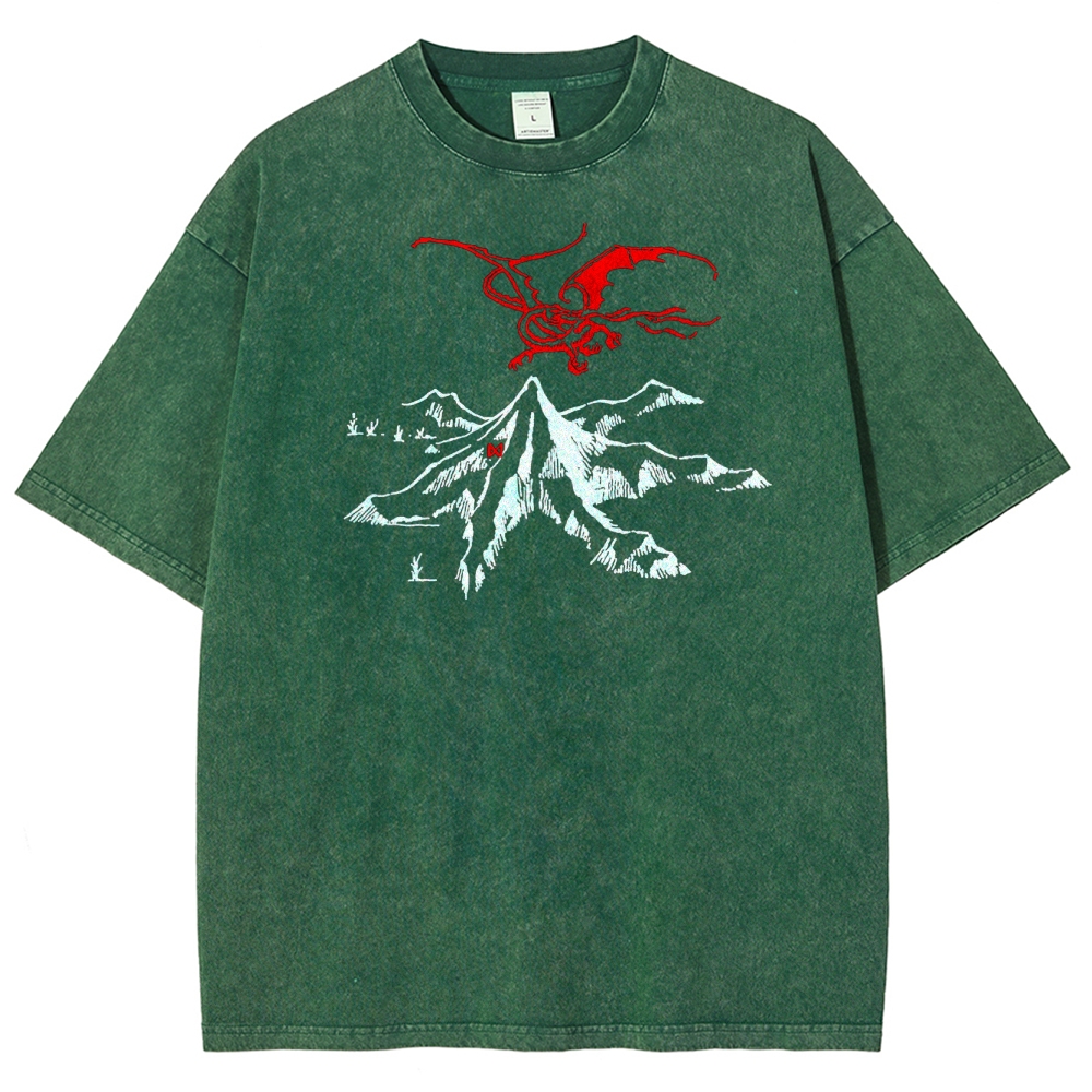 Fantasy Dragon & Mountain Graphic Retro Washed T-Shirt