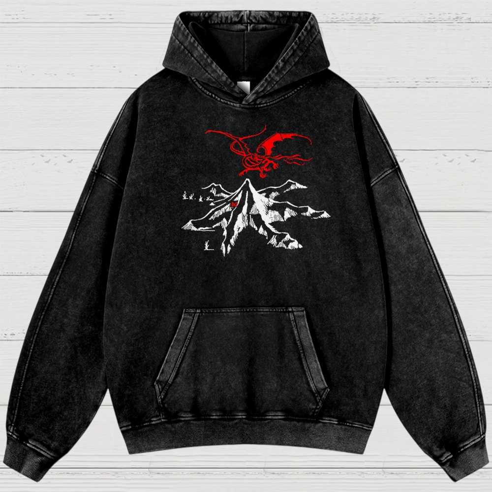Fantasy Dragon & Mountain Graphic Retro Washed Hoodies