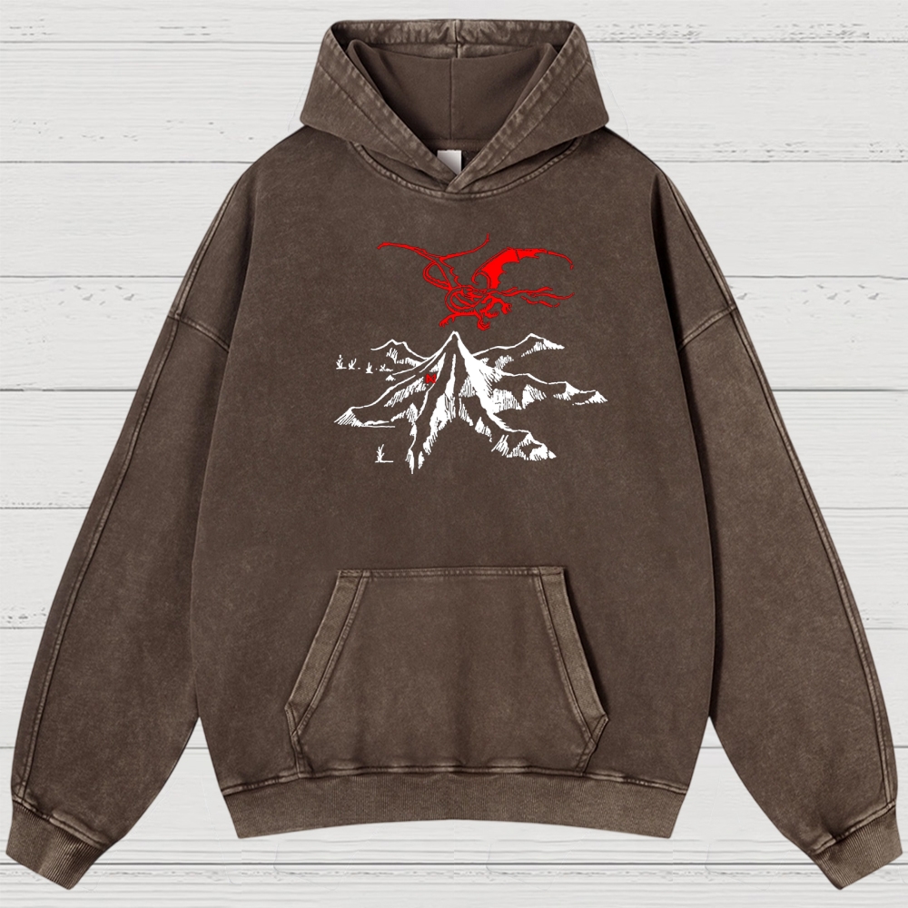 Fantasy Dragon & Mountain Graphic Retro Washed Hoodies