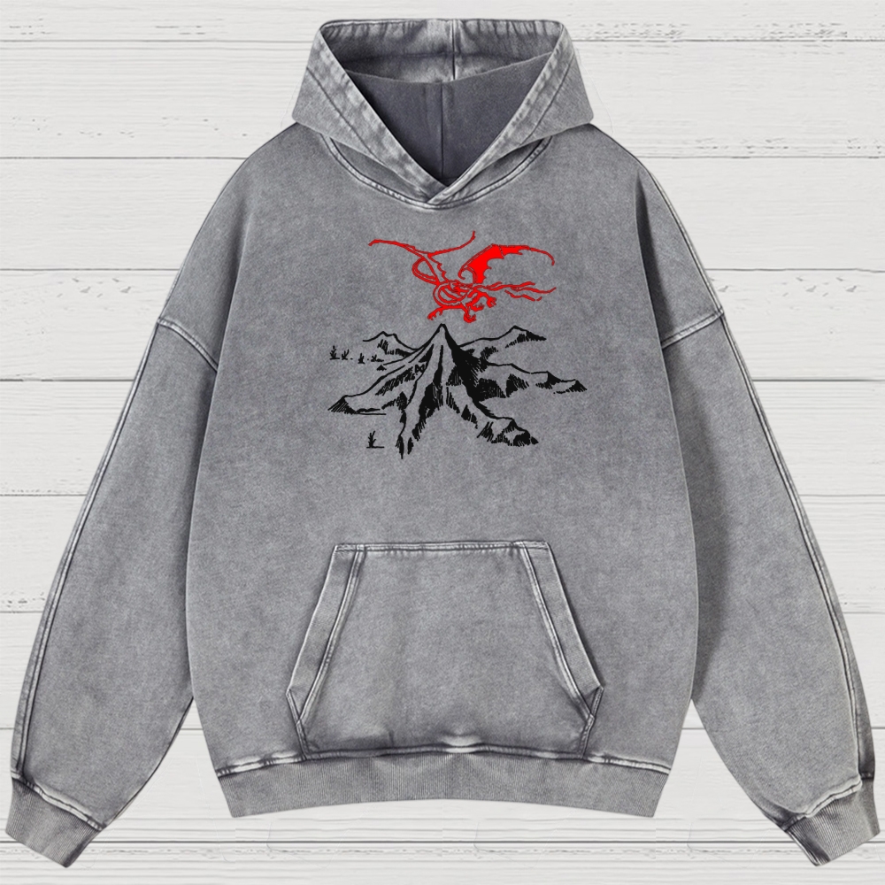 Fantasy Dragon & Mountain Graphic Retro Washed Hoodies