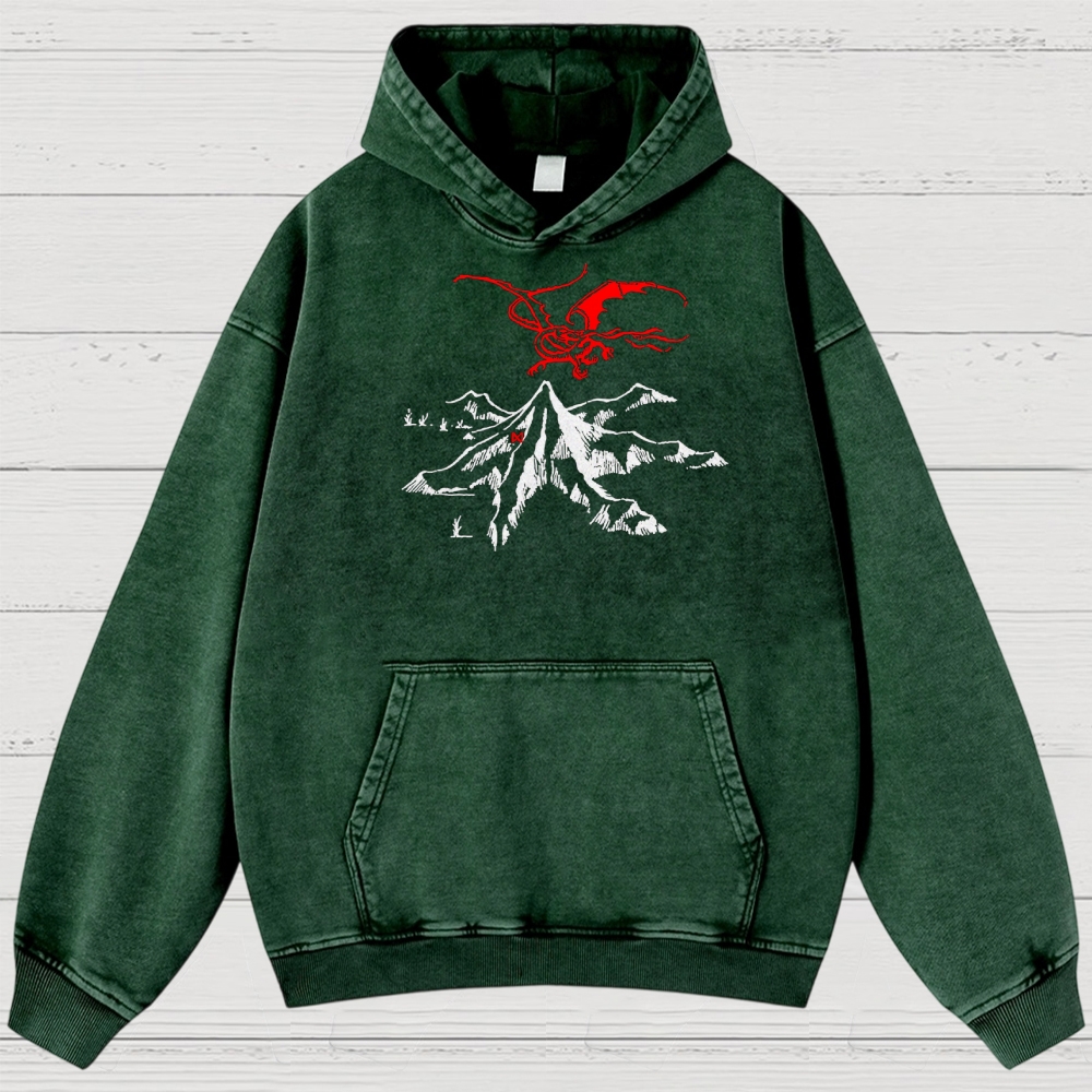 Fantasy Dragon & Mountain Graphic Retro Washed Hoodies