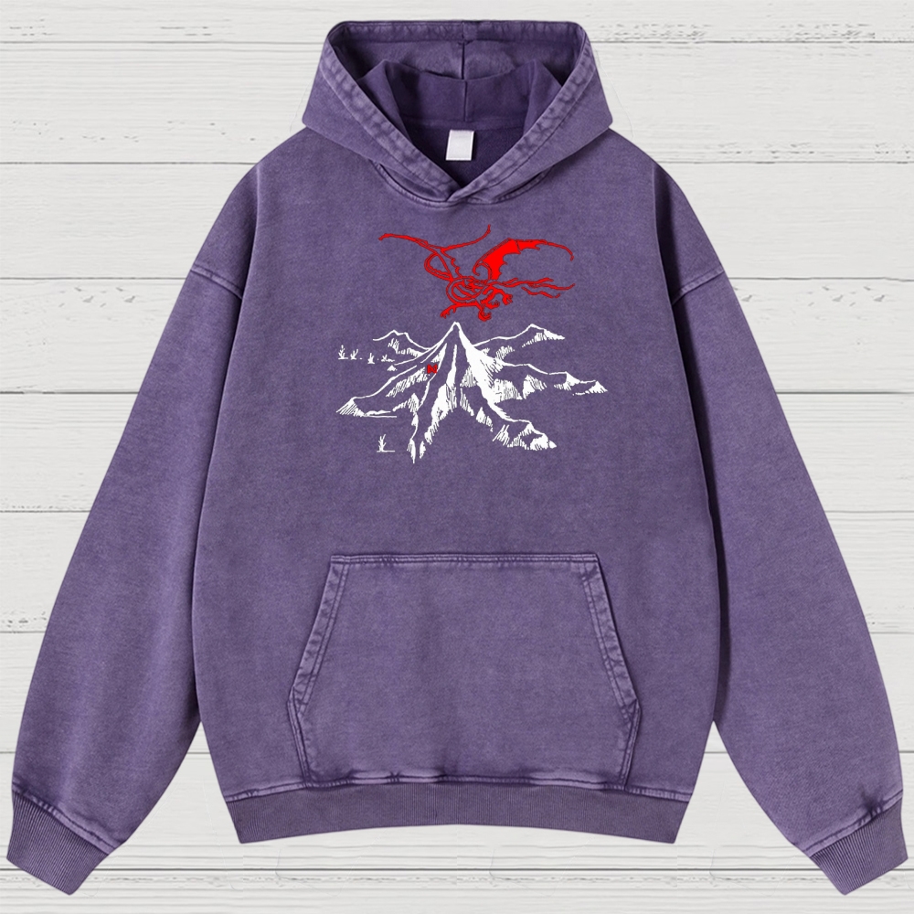 Fantasy Dragon & Mountain Graphic Retro Washed Hoodies