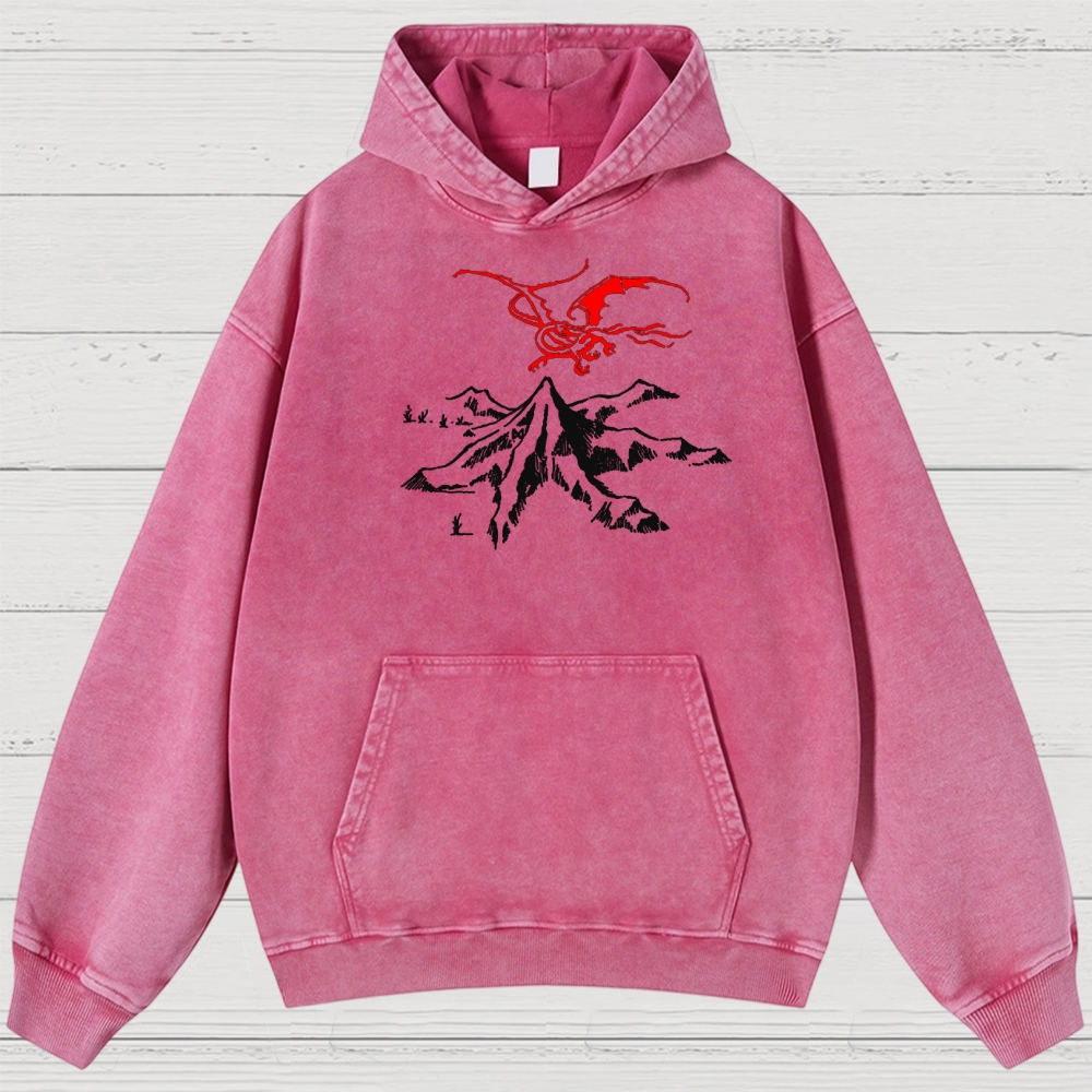 Fantasy Dragon & Mountain Graphic Retro Washed Hoodies