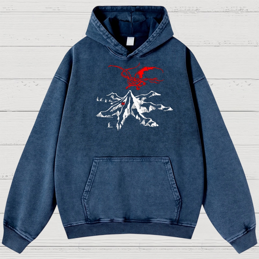 Fantasy Dragon & Mountain Graphic Retro Washed Hoodies