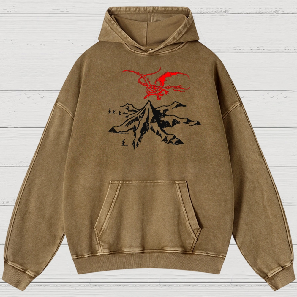 Fantasy Dragon & Mountain Graphic Retro Washed Hoodies