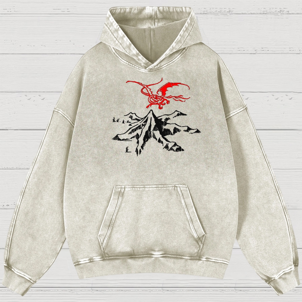 Fantasy Dragon & Mountain Graphic Retro Washed Hoodies