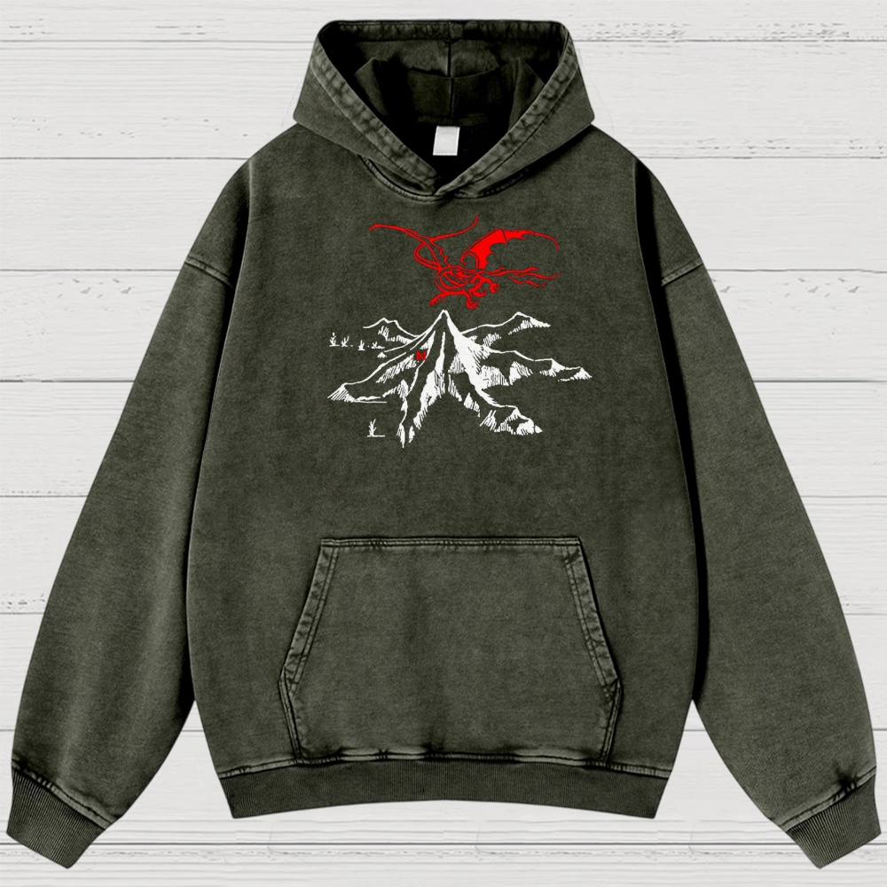 Fantasy Dragon & Mountain Graphic Retro Washed Hoodies