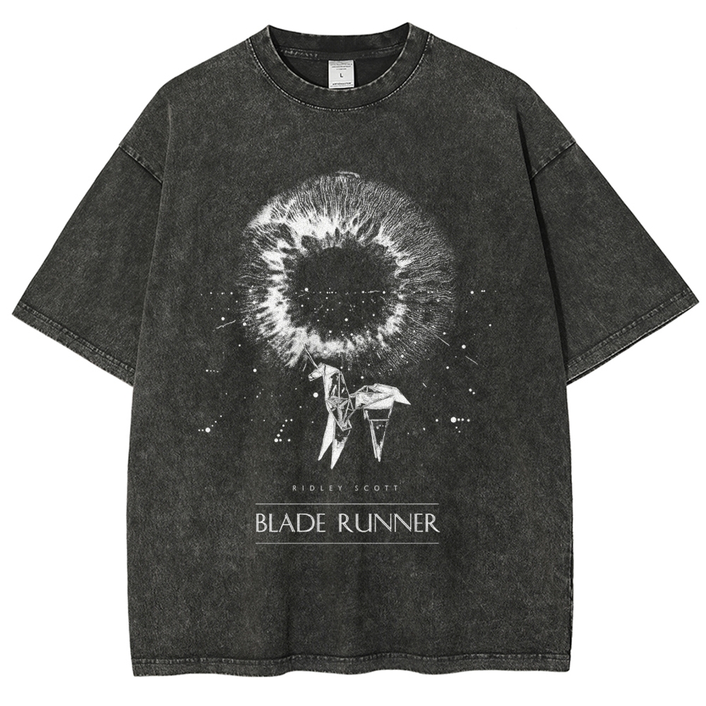 Sci-Fi Cyberpunk Eye & Origami Unicorn Retro Washed T-Shirt