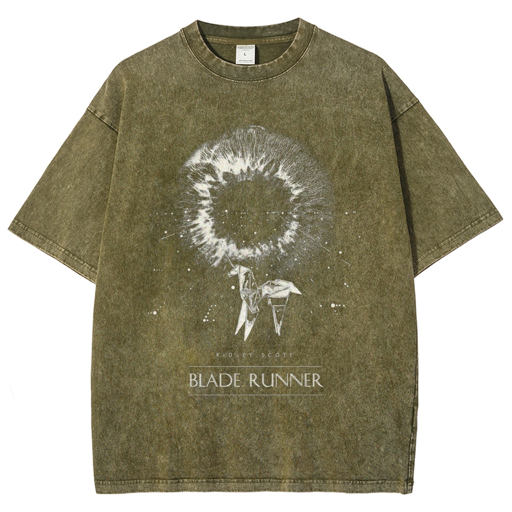 Sci-Fi Cyberpunk Eye & Origami Unicorn Retro Washed T-Shirt