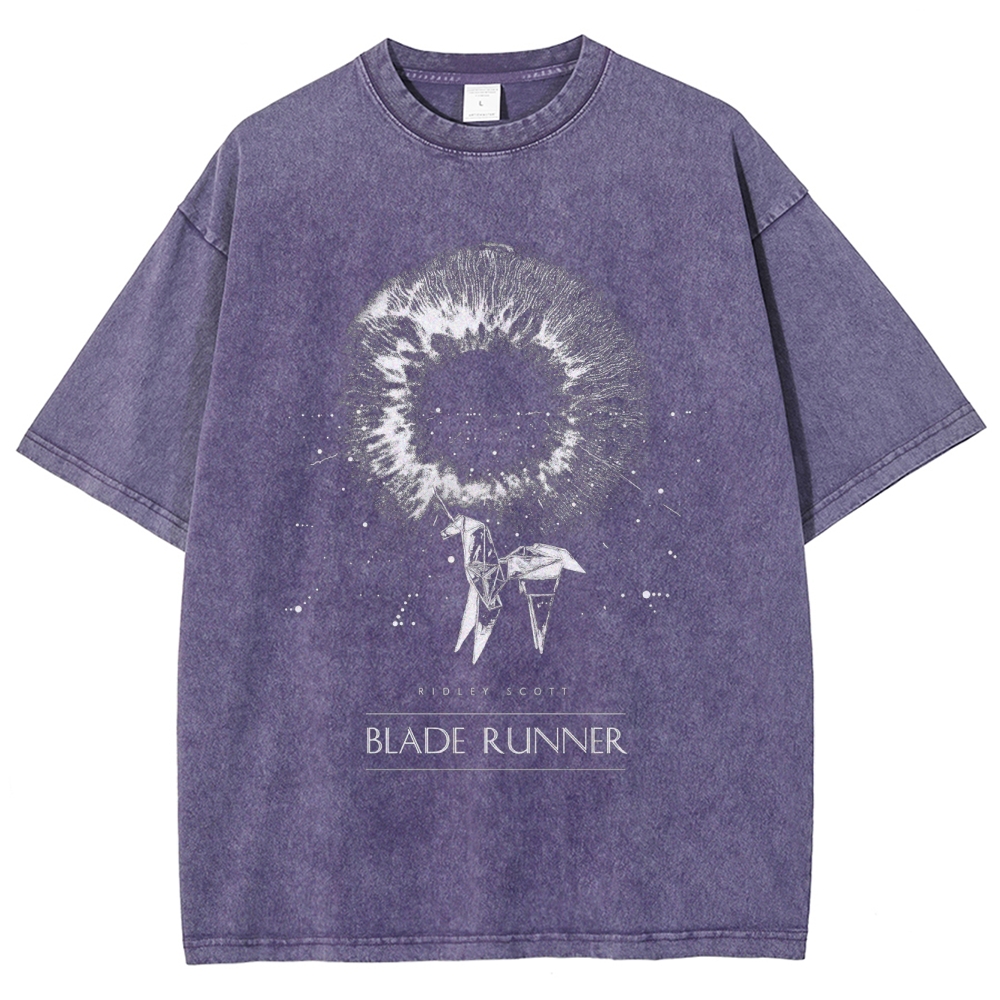 Sci-Fi Cyberpunk Eye & Origami Unicorn Retro Washed T-Shirt