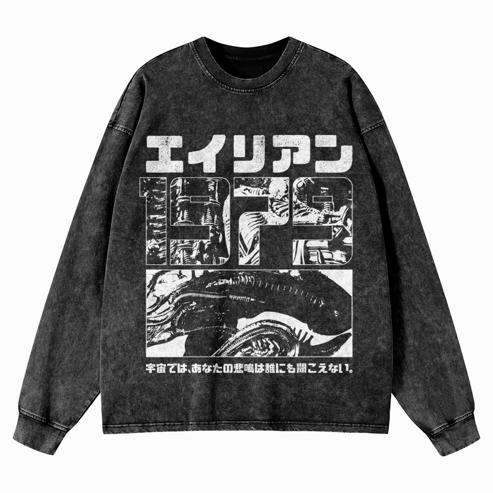 Sci-Fi Horror Japanese Typography Washed Long-Sleeved T-Shirt