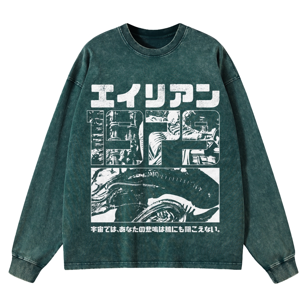 Sci-Fi Horror Japanese Typography Washed Long-Sleeved T-Shirt