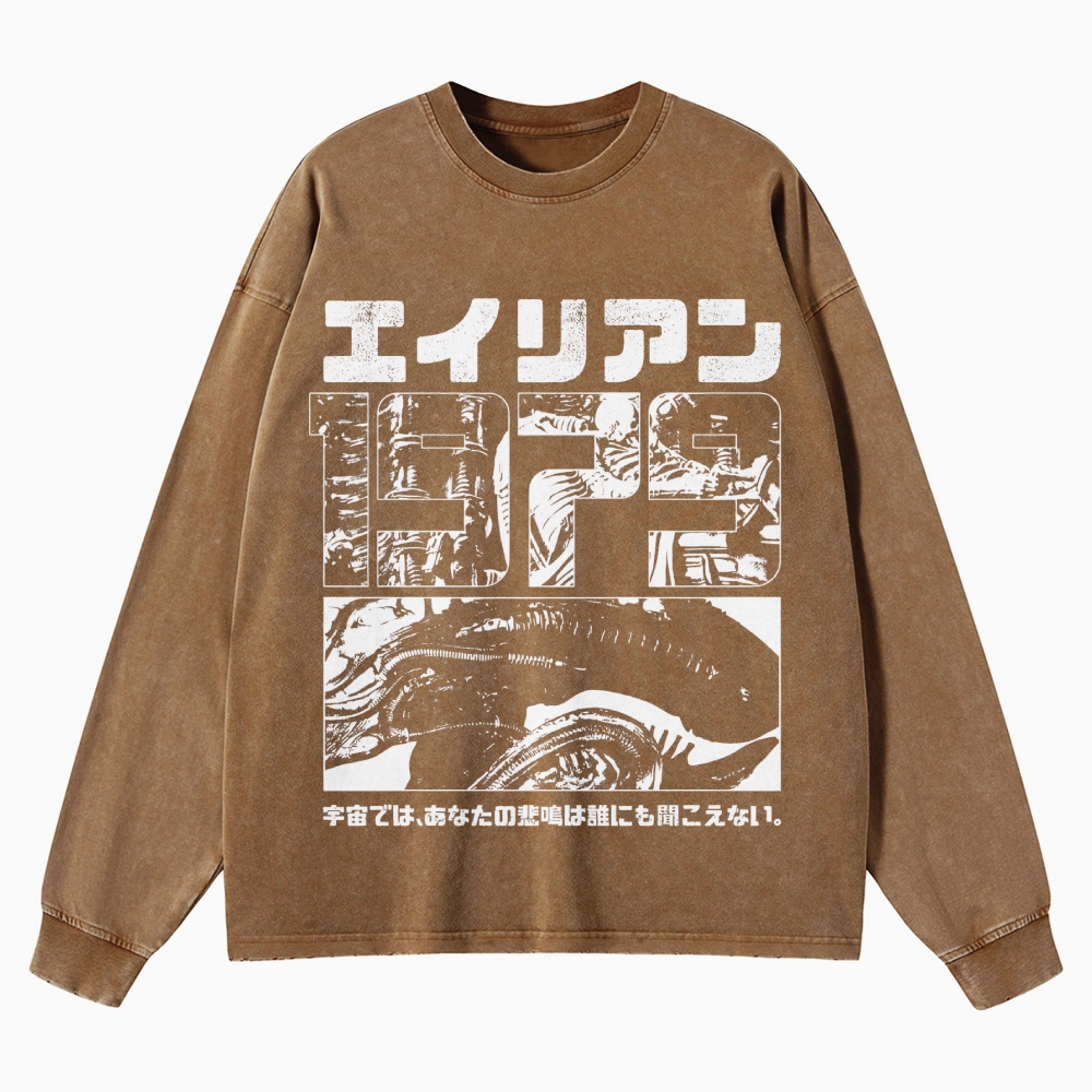 Sci-Fi Horror Japanese Typography Washed Long-Sleeved T-Shirt