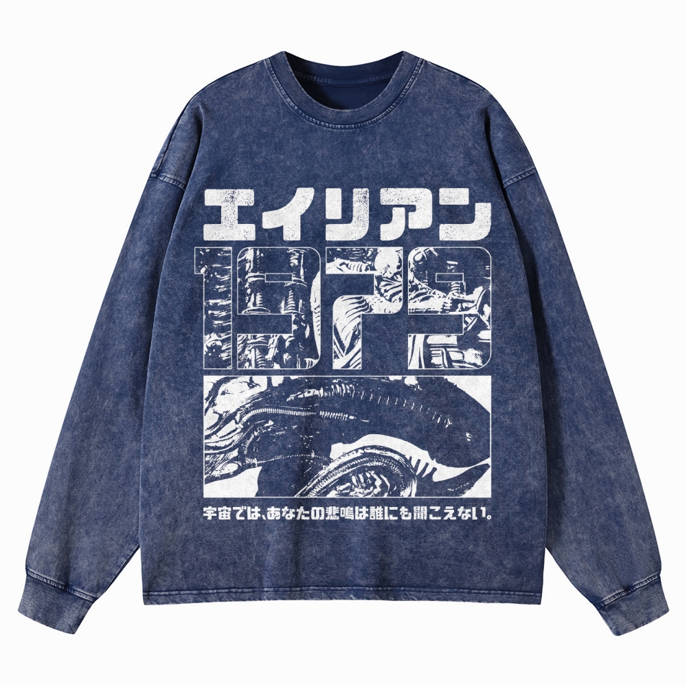 Sci-Fi Horror Japanese Typography Washed Long-Sleeved T-Shirt
