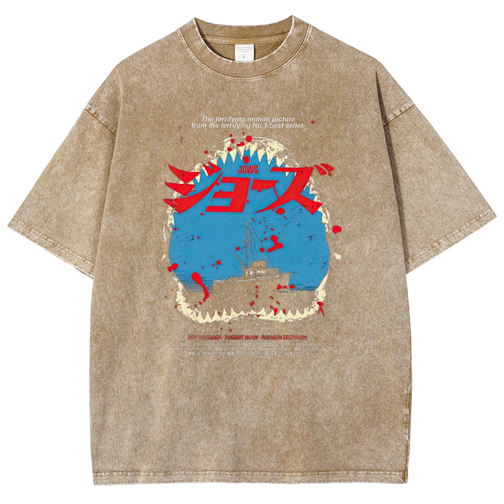 Shark Horror Japanese Typography Retro Washed T-Shirt