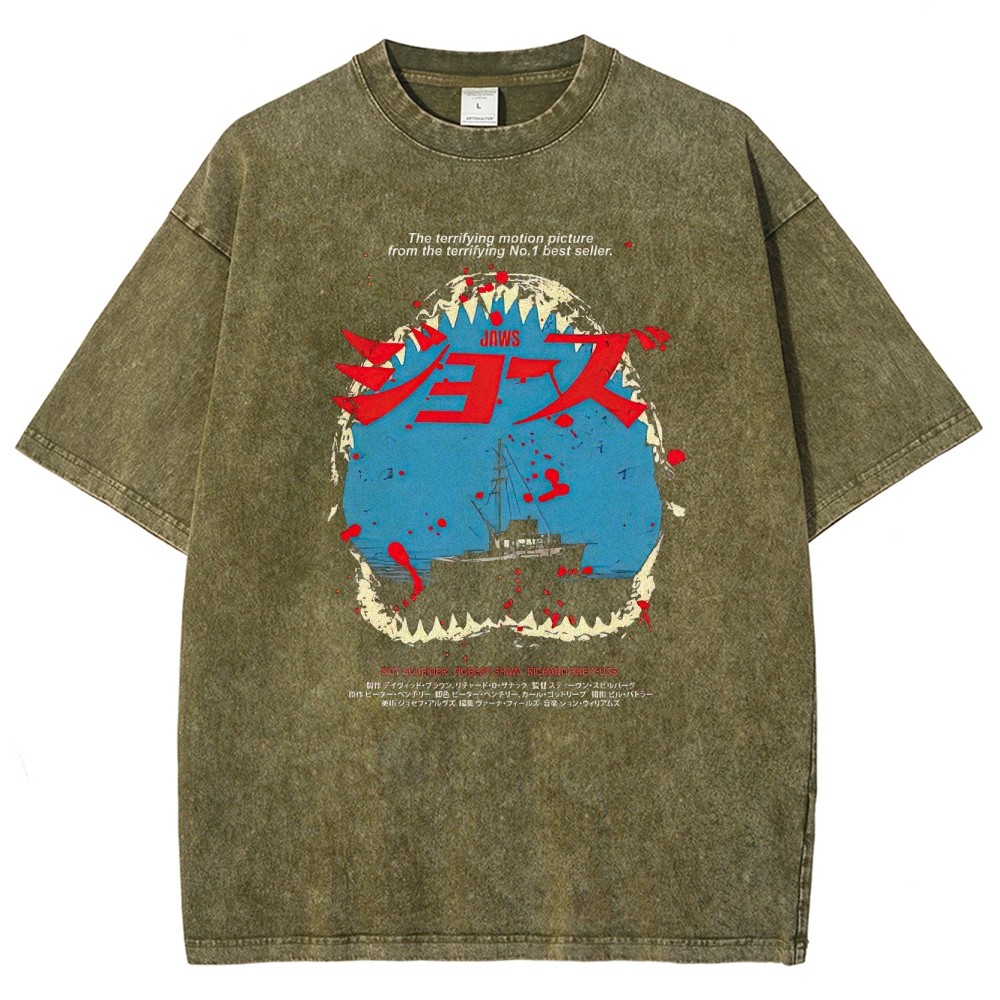Shark Horror Japanese Typography Retro Washed T-Shirt