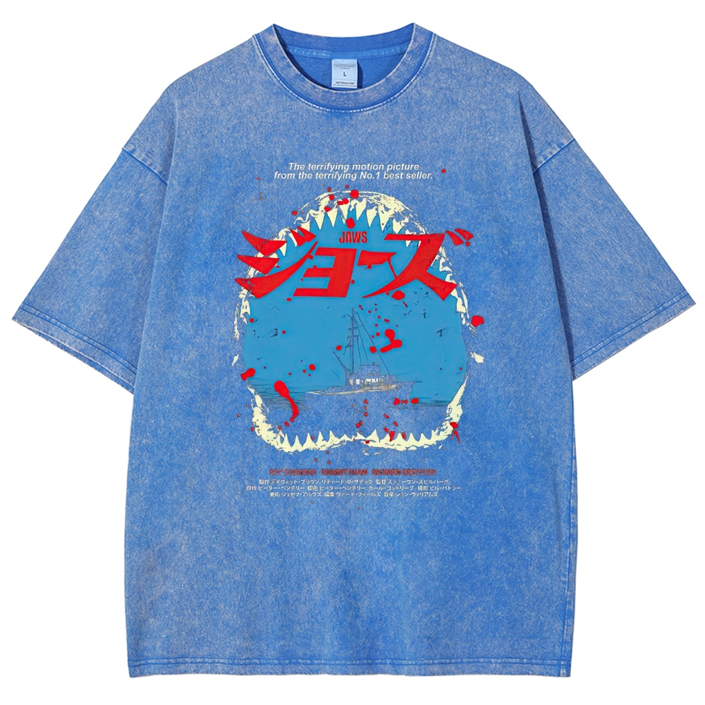 Shark Horror Japanese Typography Retro Washed T-Shirt