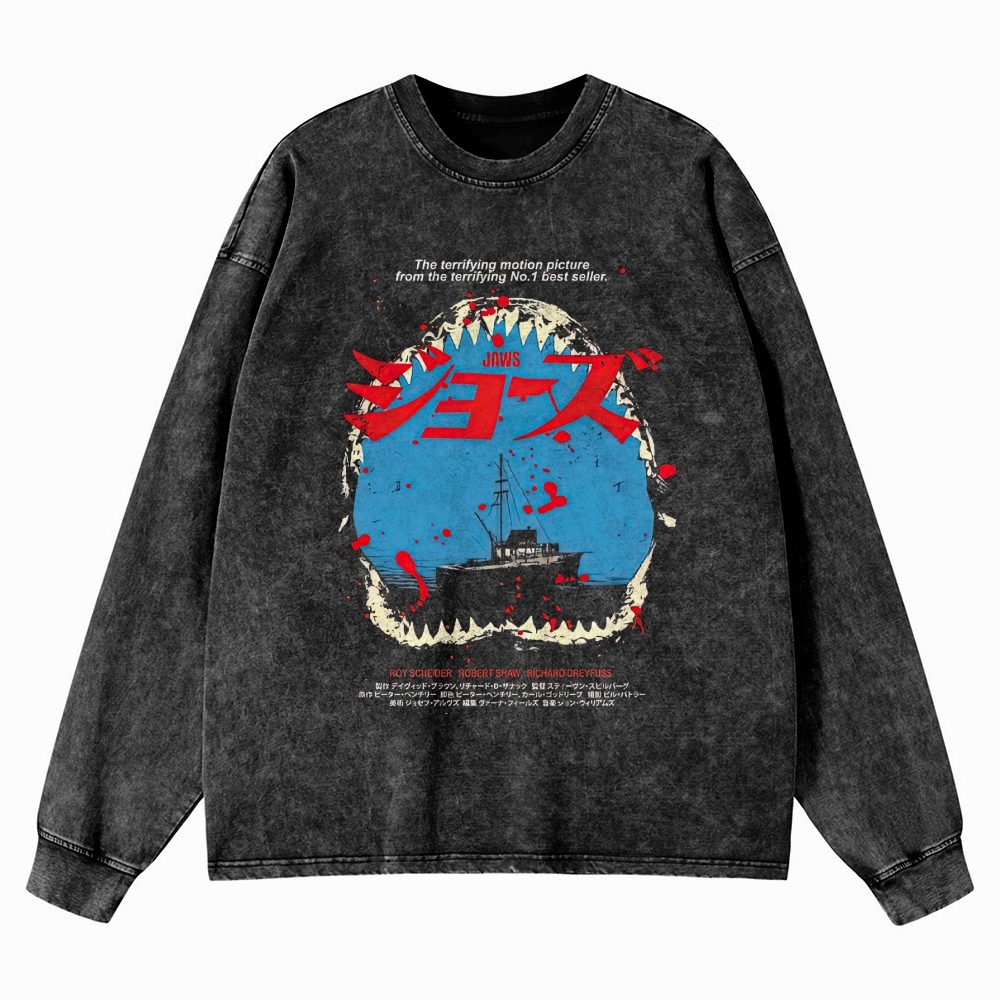 Shark Horror Japanese Typography Retro Washed Long-Sleeved T-Shirt