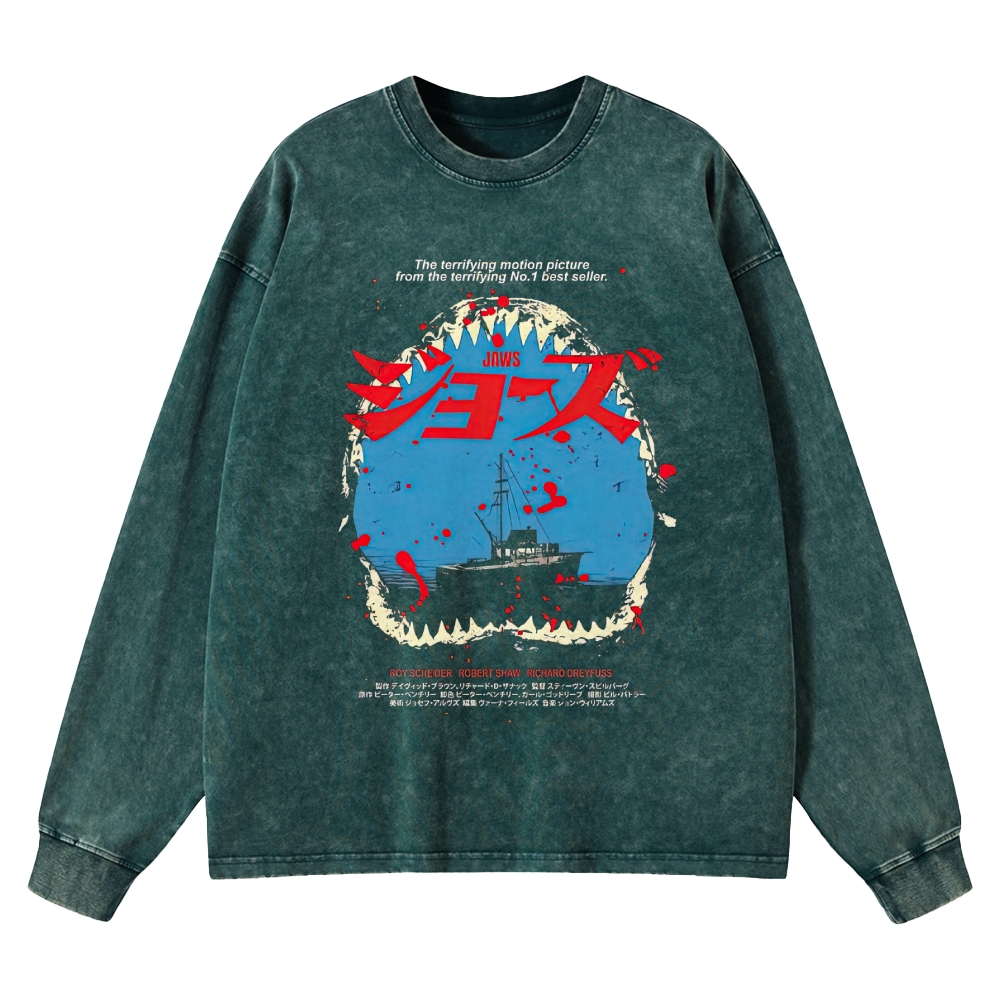 Shark Horror Japanese Typography Retro Washed Long-Sleeved T-Shirt