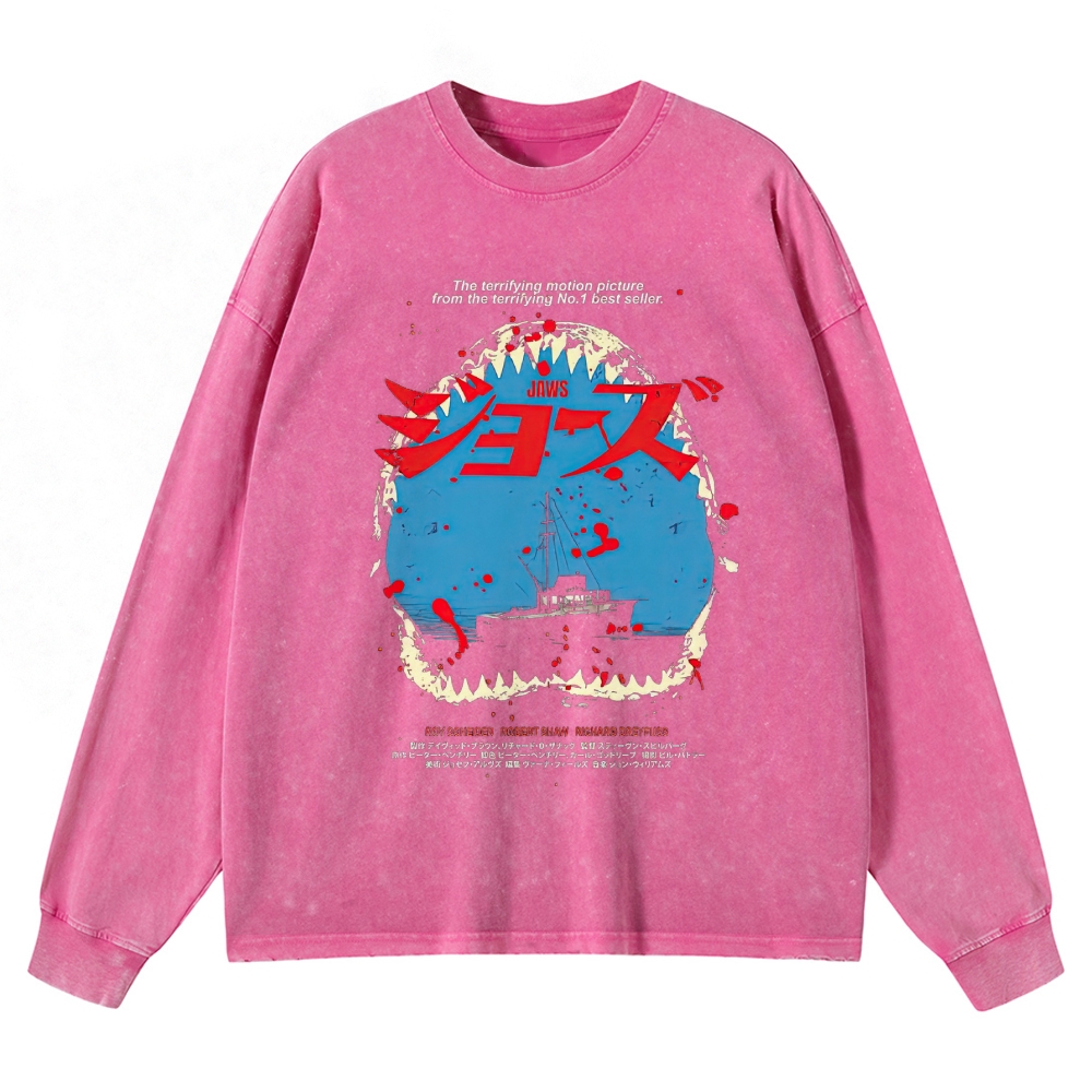 Shark Horror Japanese Typography Retro Washed Long-Sleeved T-Shirt