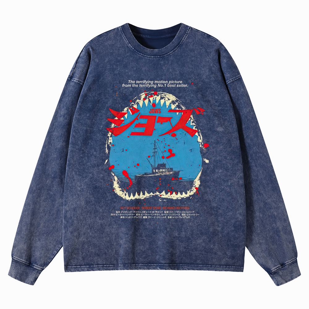 Shark Horror Japanese Typography Retro Washed Long-Sleeved T-Shirt