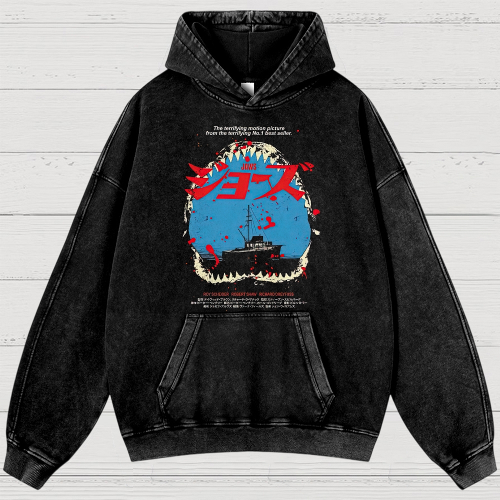 Shark Horror Japanese Typography Retro Washed Hoodies