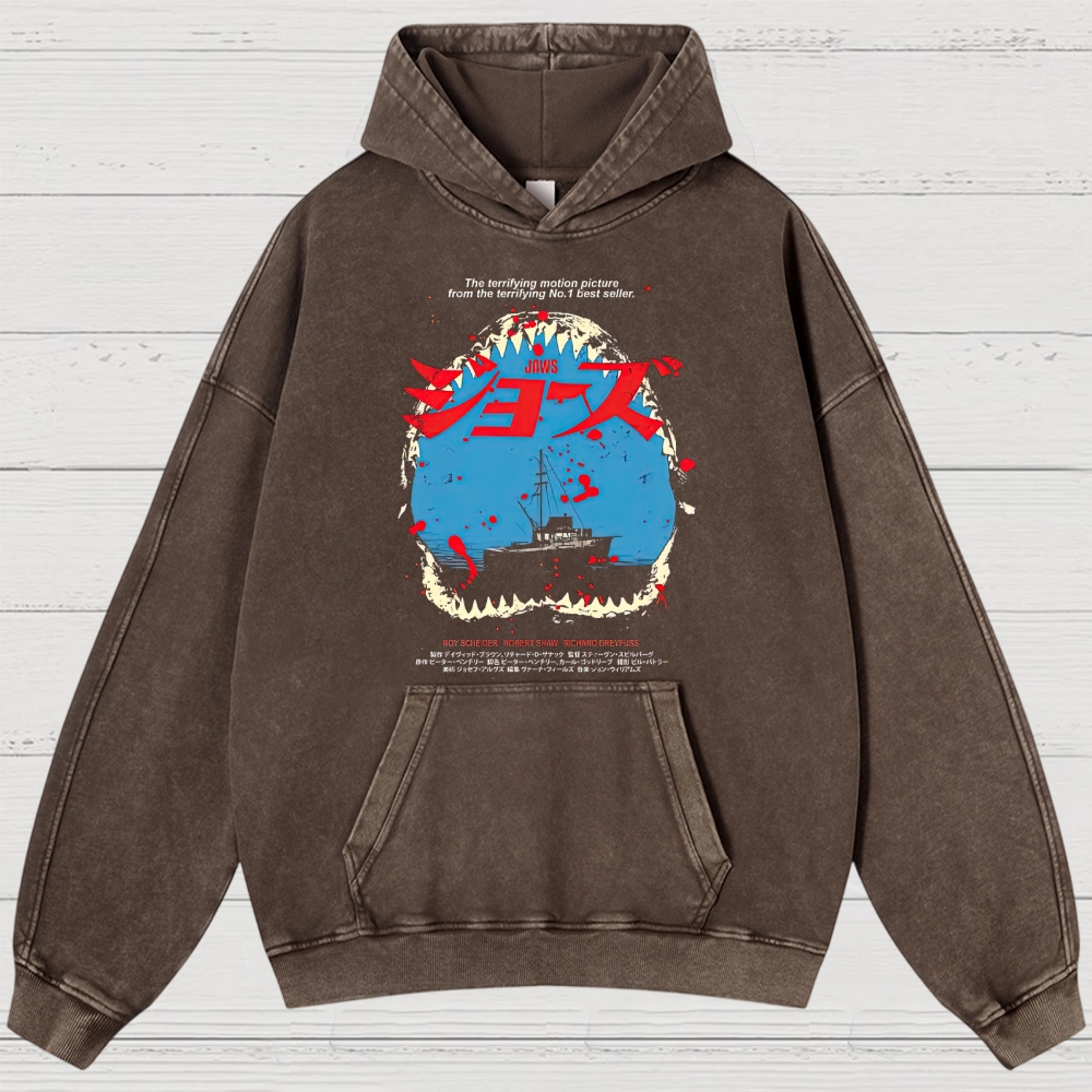 Shark Horror Japanese Typography Retro Washed Hoodies