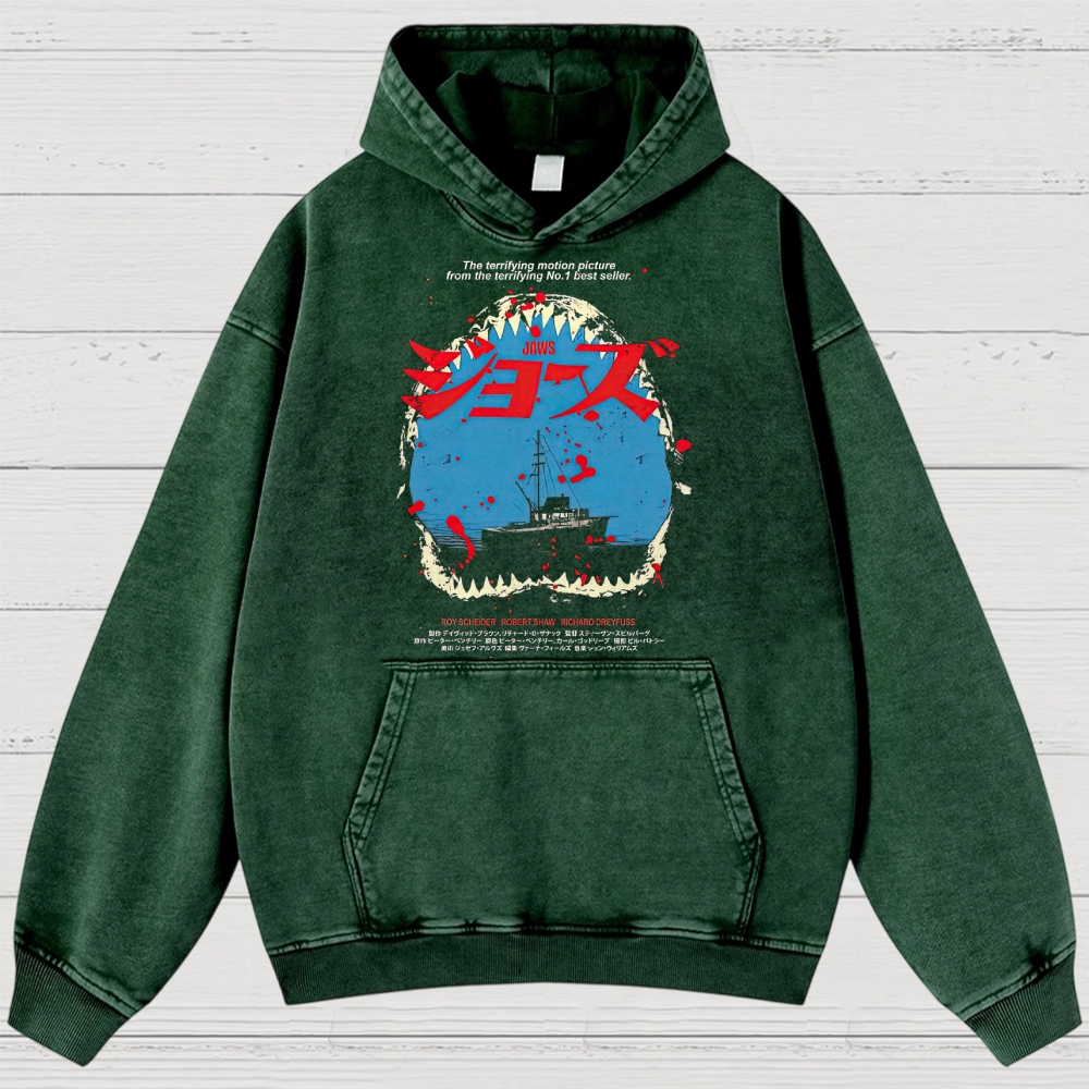 Shark Horror Japanese Typography Retro Washed Hoodies