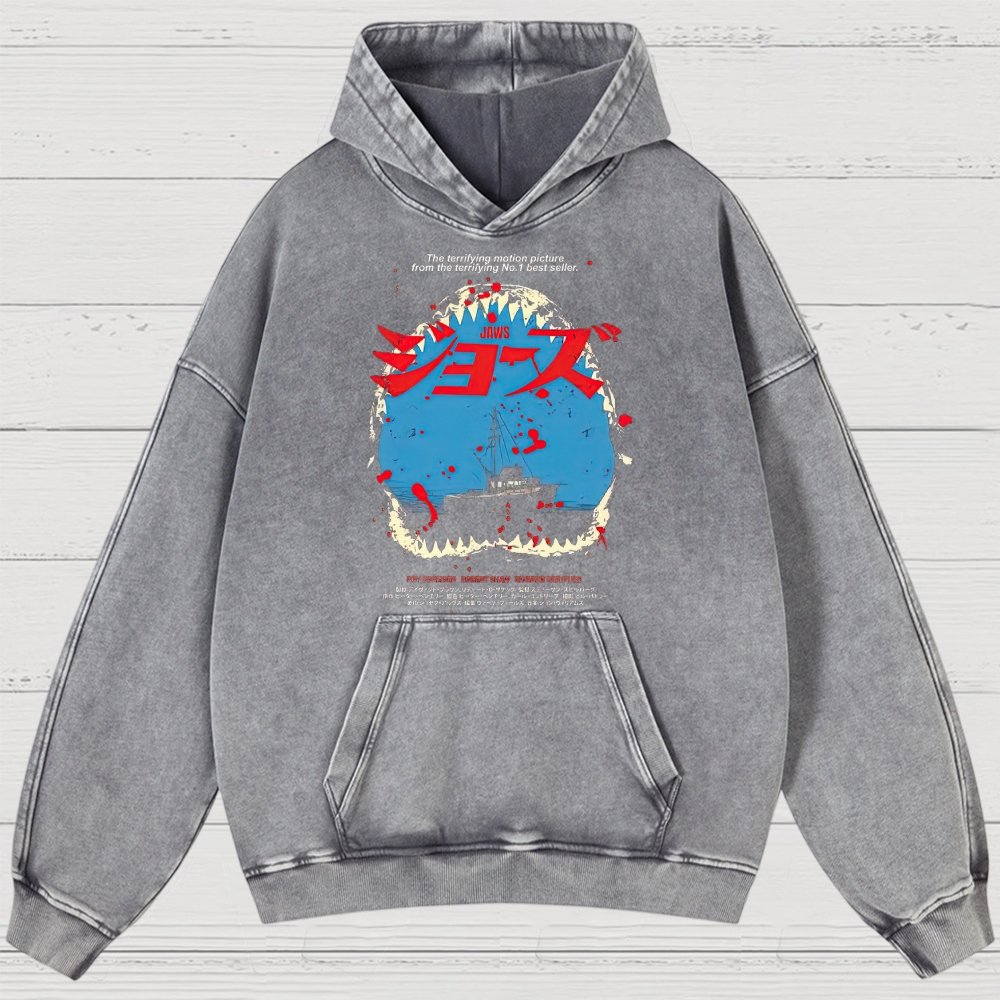 Shark Horror Japanese Typography Retro Washed Hoodies