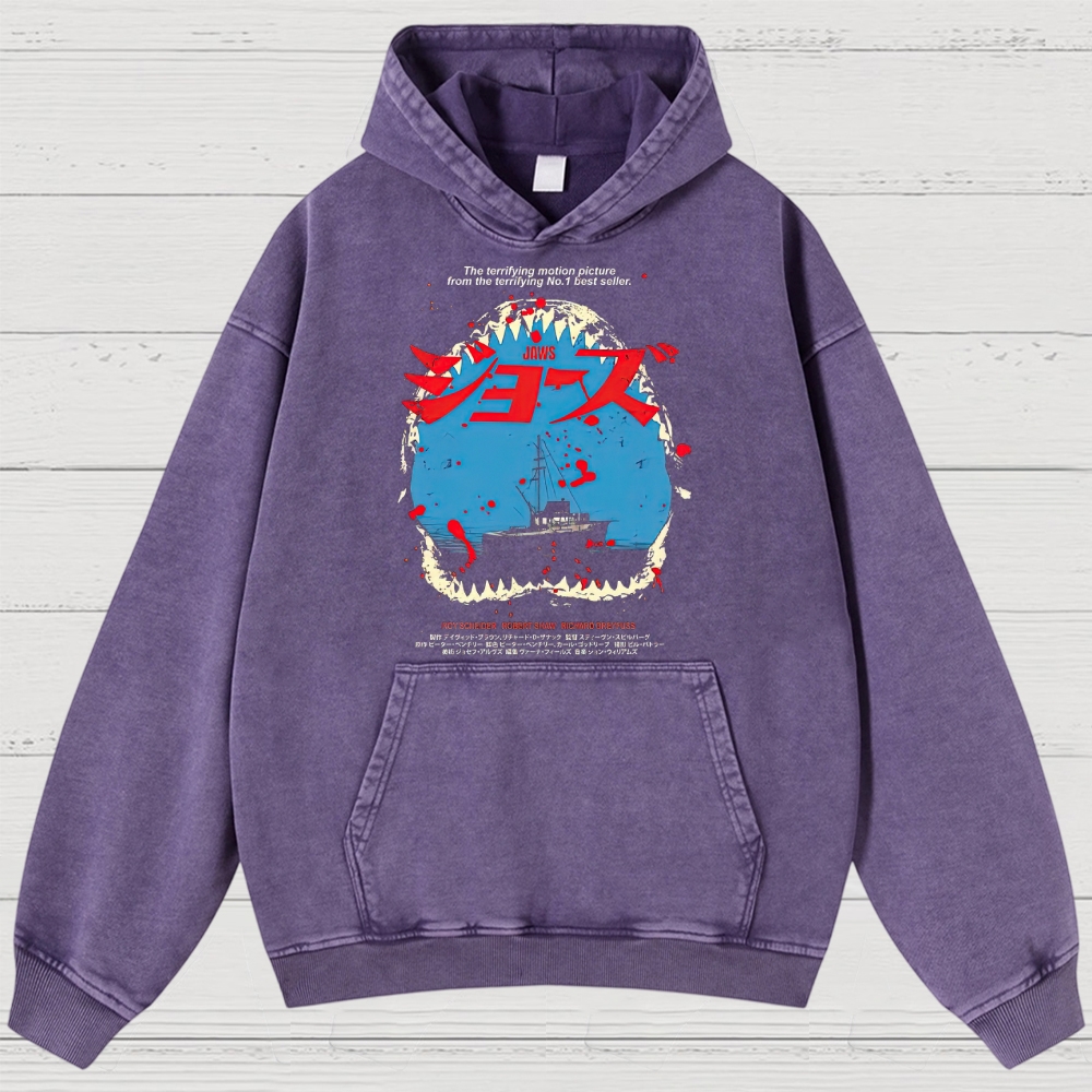 Shark Horror Japanese Typography Retro Washed Hoodies