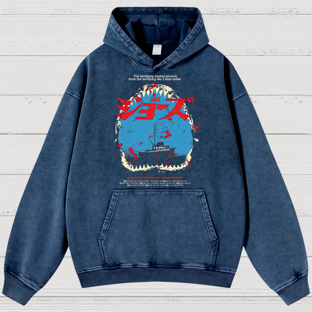 Shark Horror Japanese Typography Retro Washed Hoodies