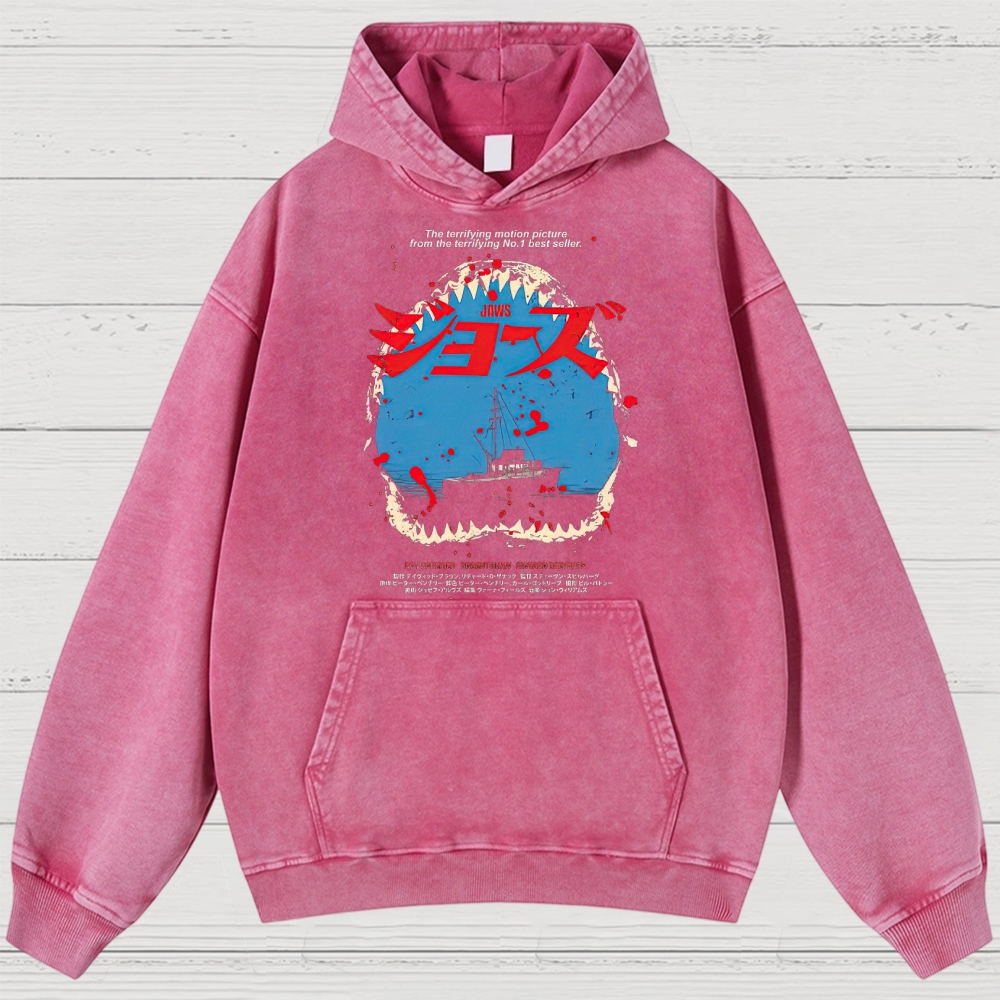 Shark Horror Japanese Typography Retro Washed Hoodies