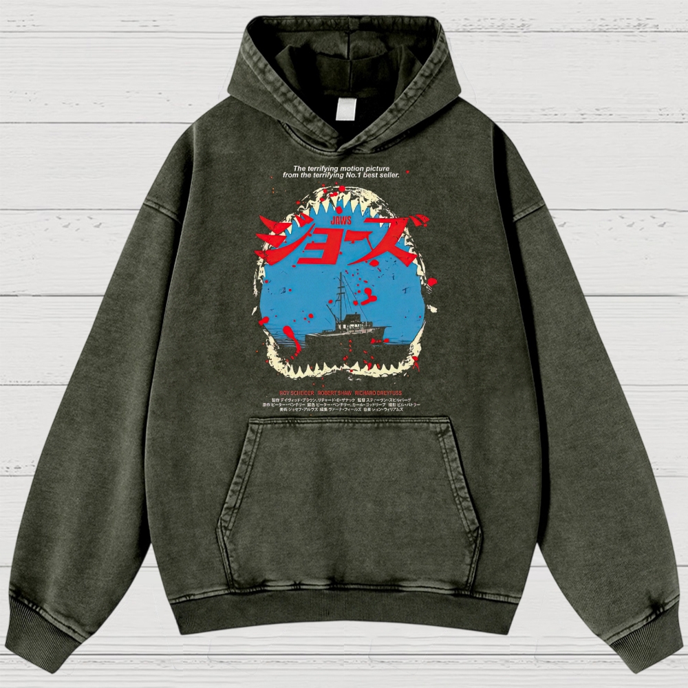 Shark Horror Japanese Typography Retro Washed Hoodies