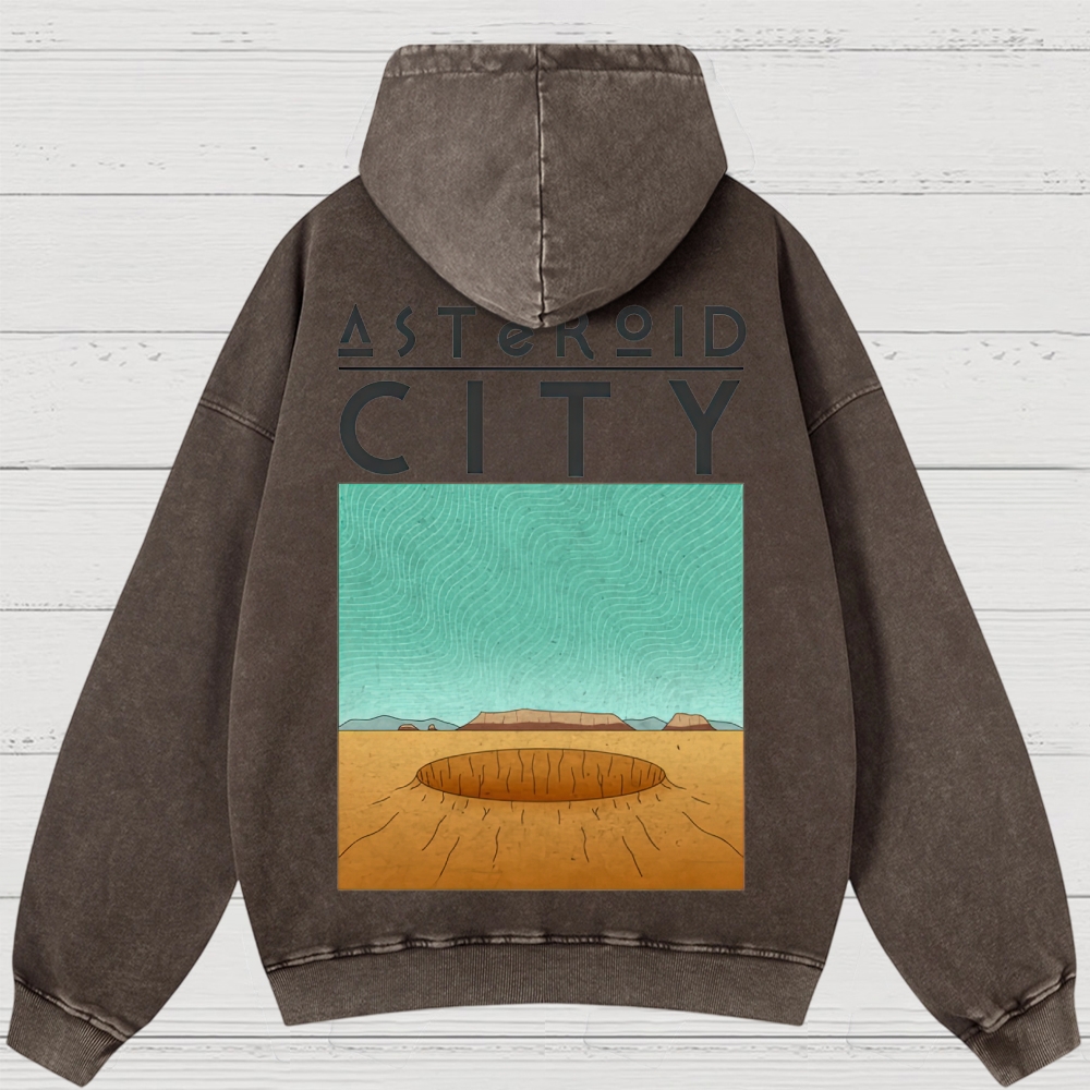 Retro Desert Crater & Sci-Fi Typography Washed Hoodies