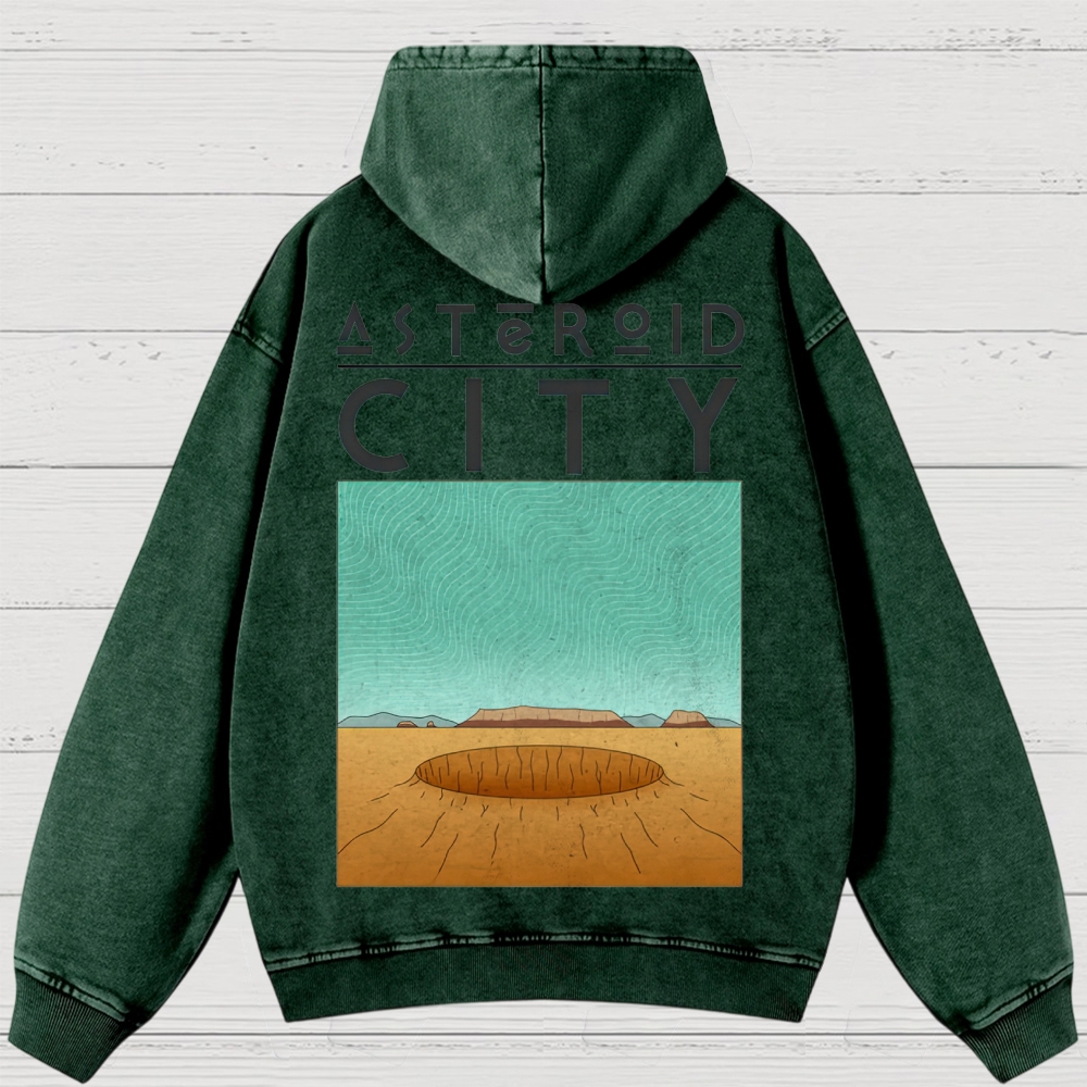 Retro Desert Crater & Sci-Fi Typography Washed Hoodies