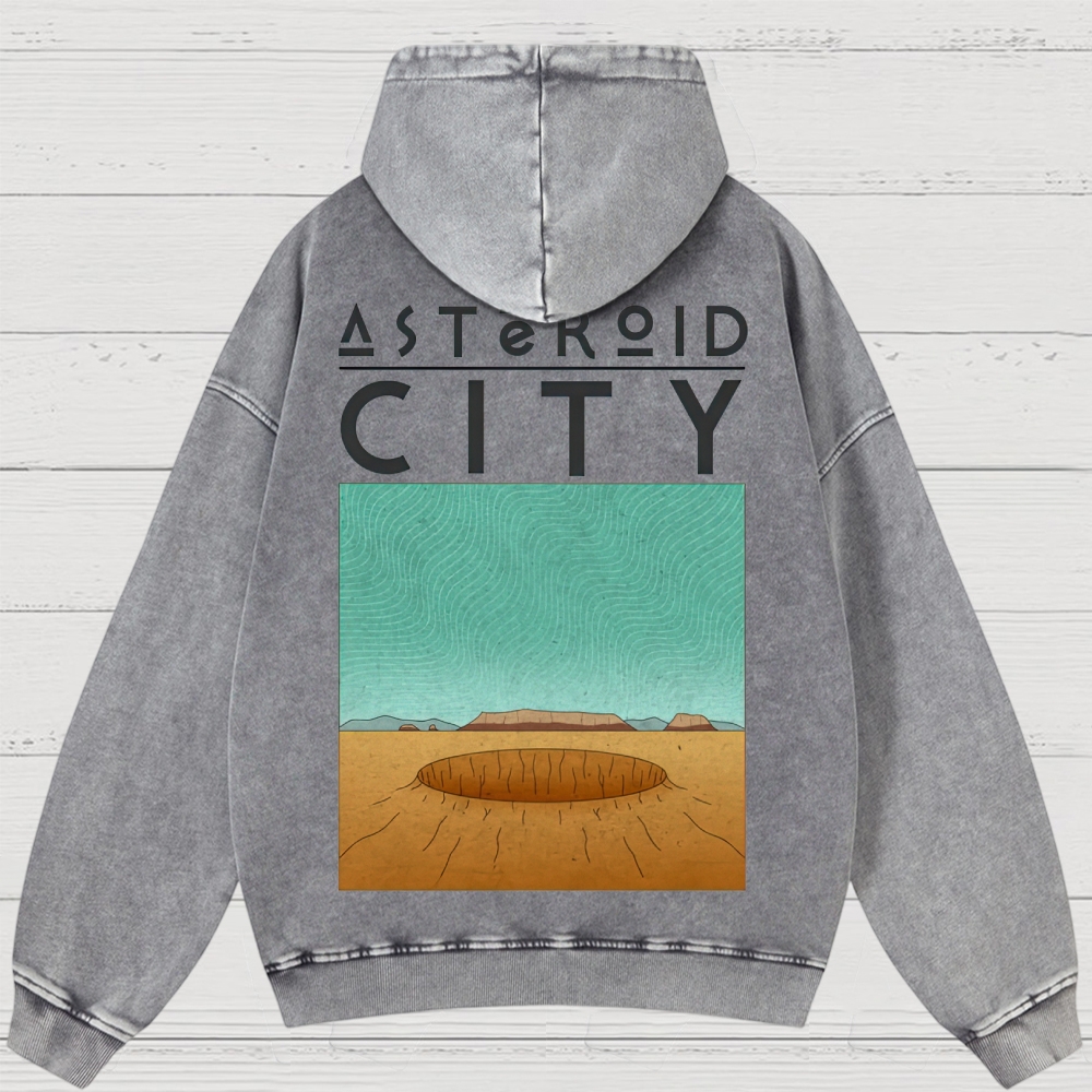 Retro Desert Crater & Sci-Fi Typography Washed Hoodies